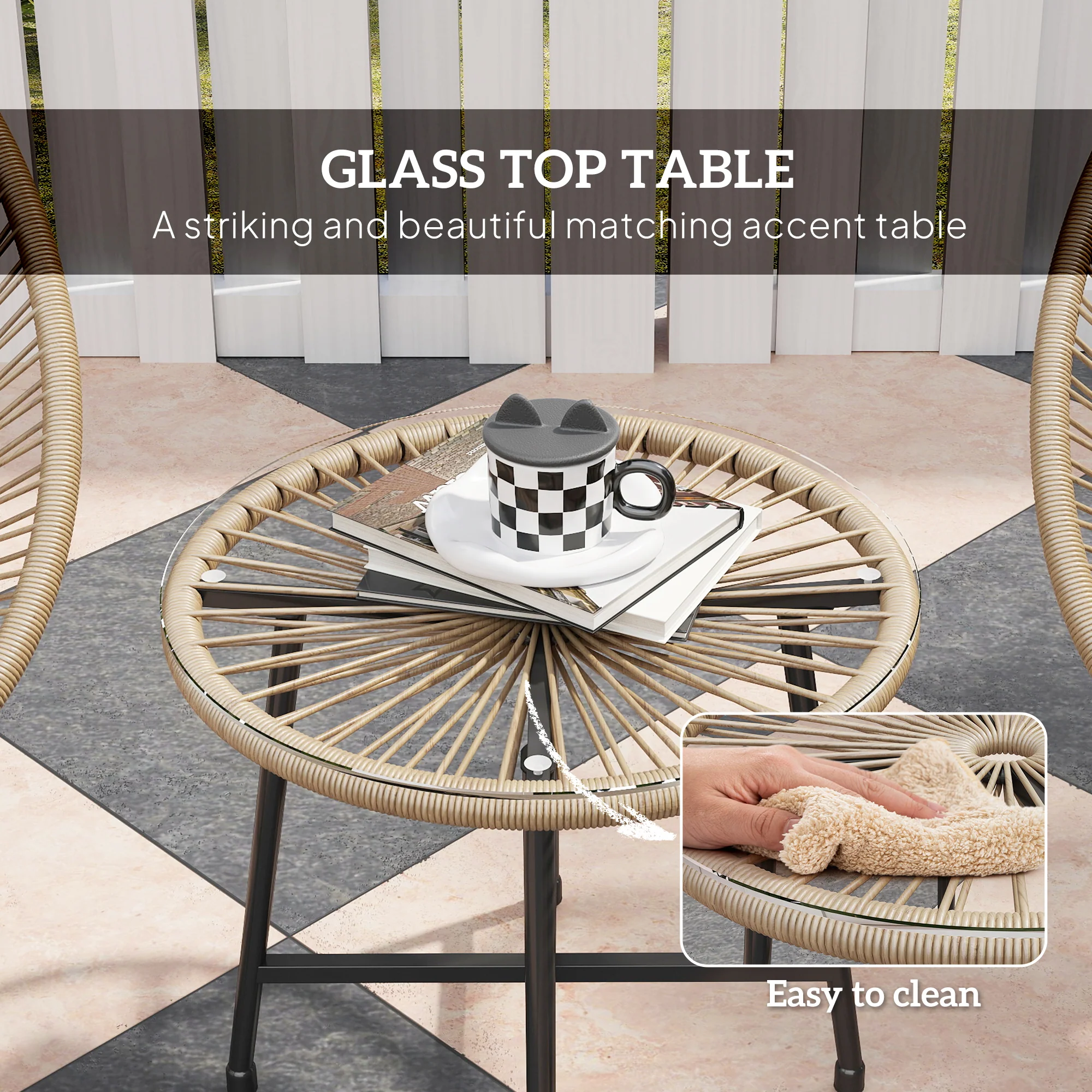 3 Pieces Rattan Bistro Set with Acapulco Chairs, Glass Top Table & Metal Frame, Natural - Image 8
