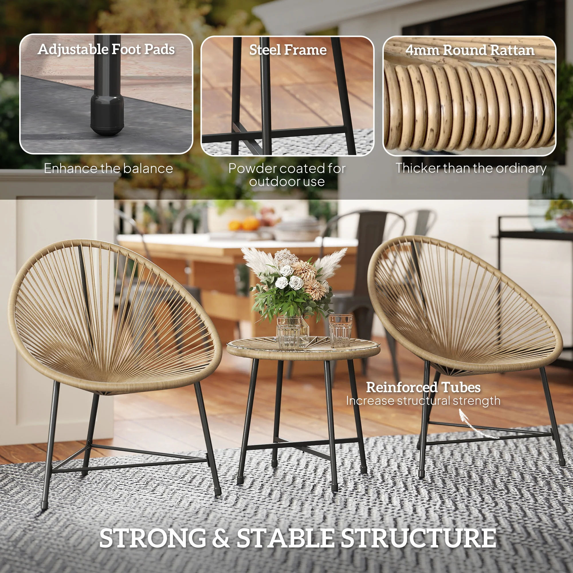 3 Pieces Rattan Bistro Set with Acapulco Chairs, Glass Top Table & Metal Frame, Natural - Image 9