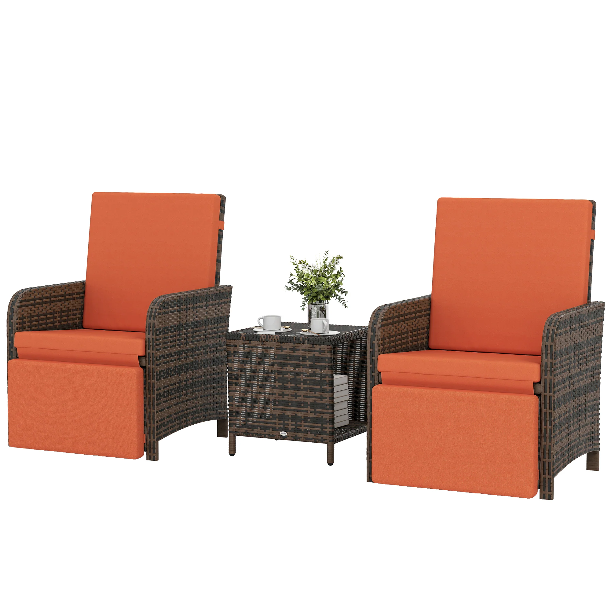 3 Piece Rattan Bistro Set with Reclining Chairs & Storage Table, Orange - Image 2