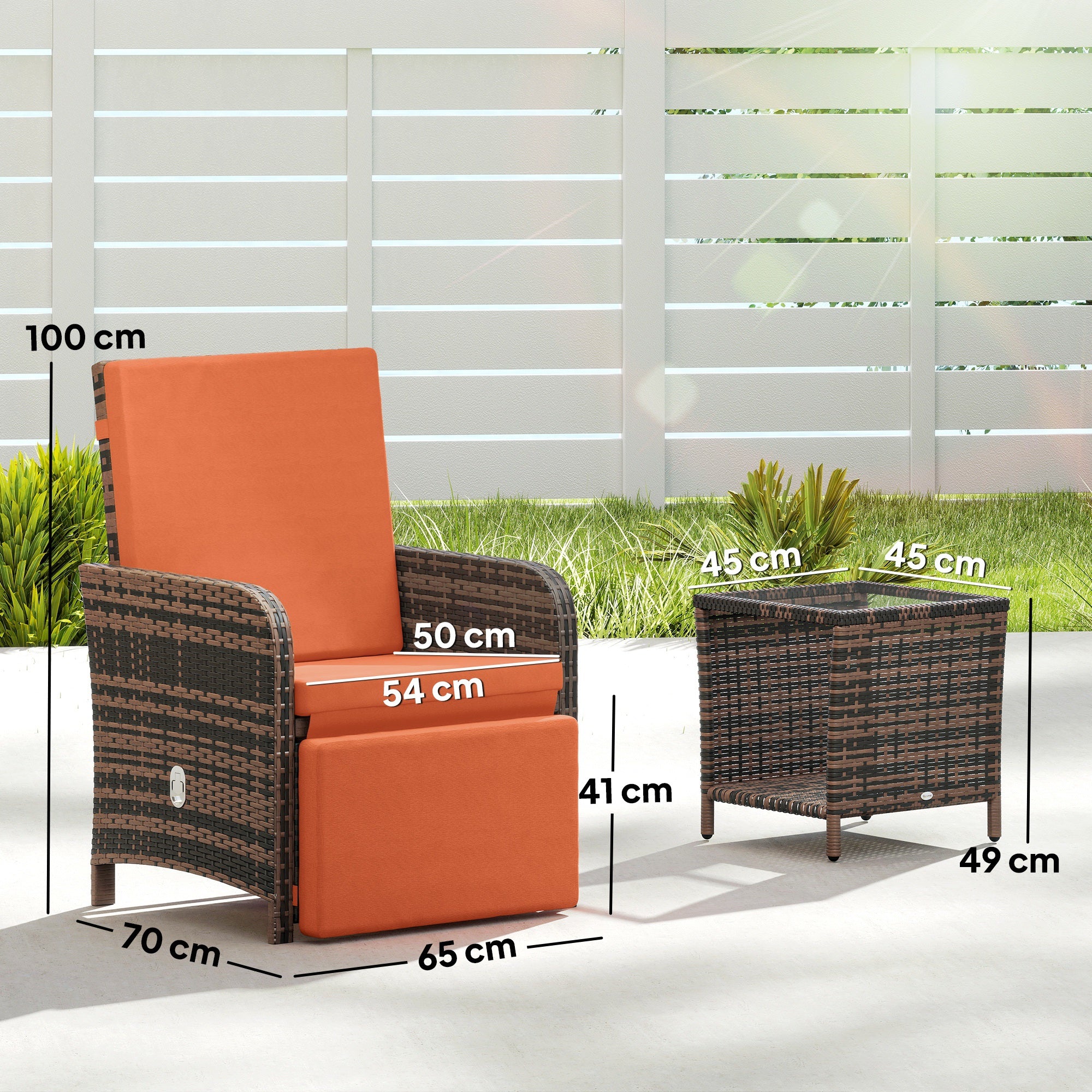 3 Piece Rattan Bistro Set with Reclining Chairs & Storage Table, Orange - Image 5