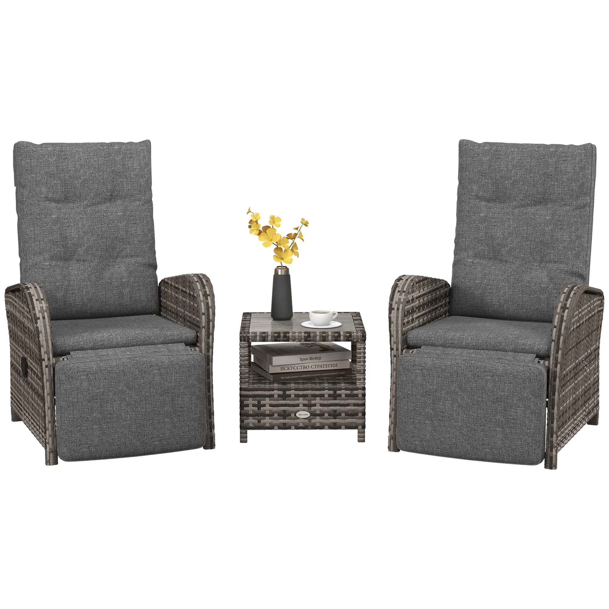 3 Pieces Rattan Bistro Set with Reclining Loungers, 2-Tier Coffee Table & Cushions, Brown