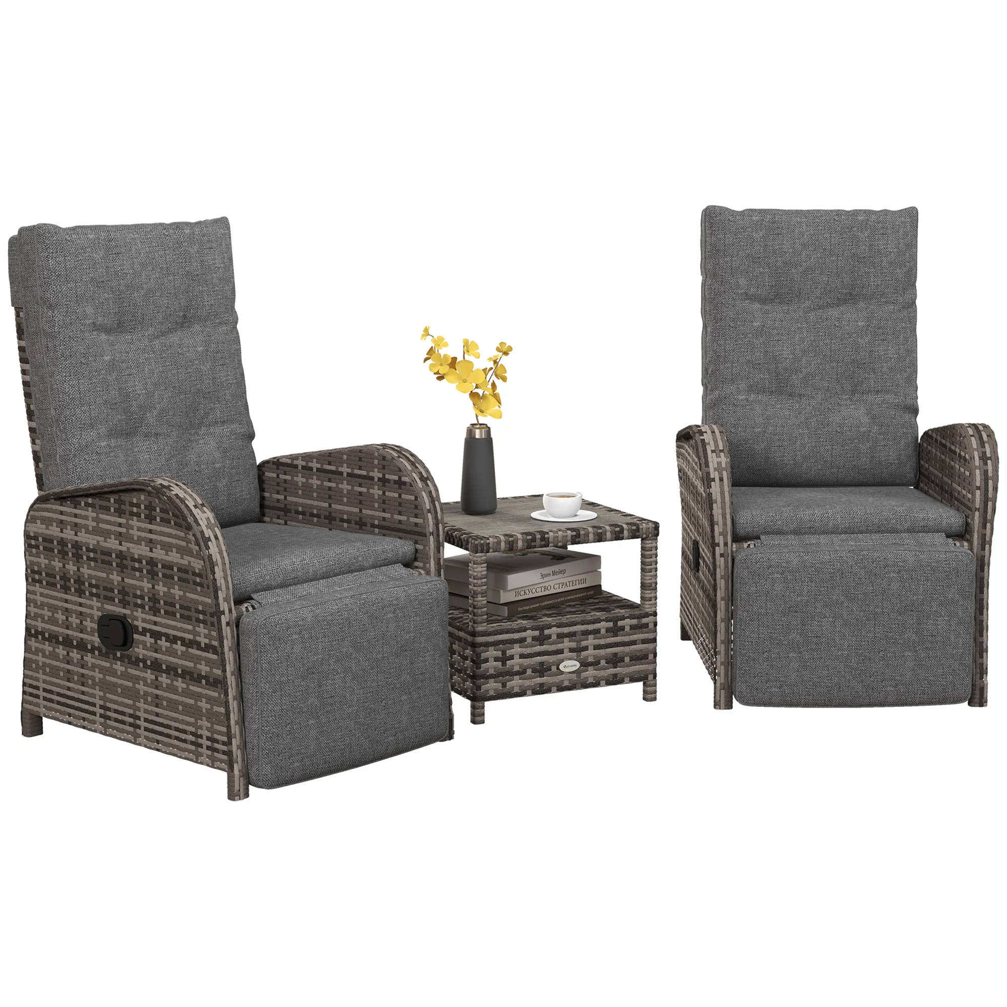 3 Pieces Rattan Bistro Set with Reclining Loungers, 2-Tier Coffee Table & Cushions, Brown - Image 2