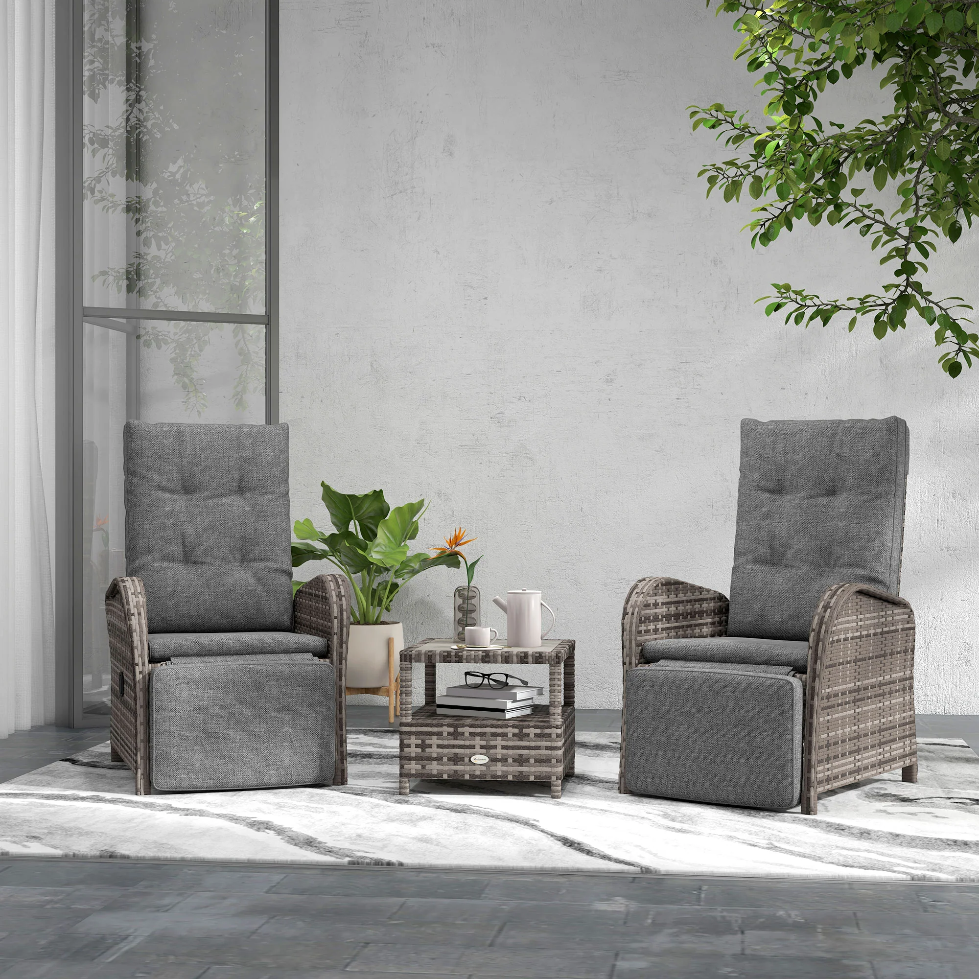 3 Pieces Rattan Bistro Set with Reclining Loungers, 2-Tier Coffee Table & Cushions, Brown - Image 3