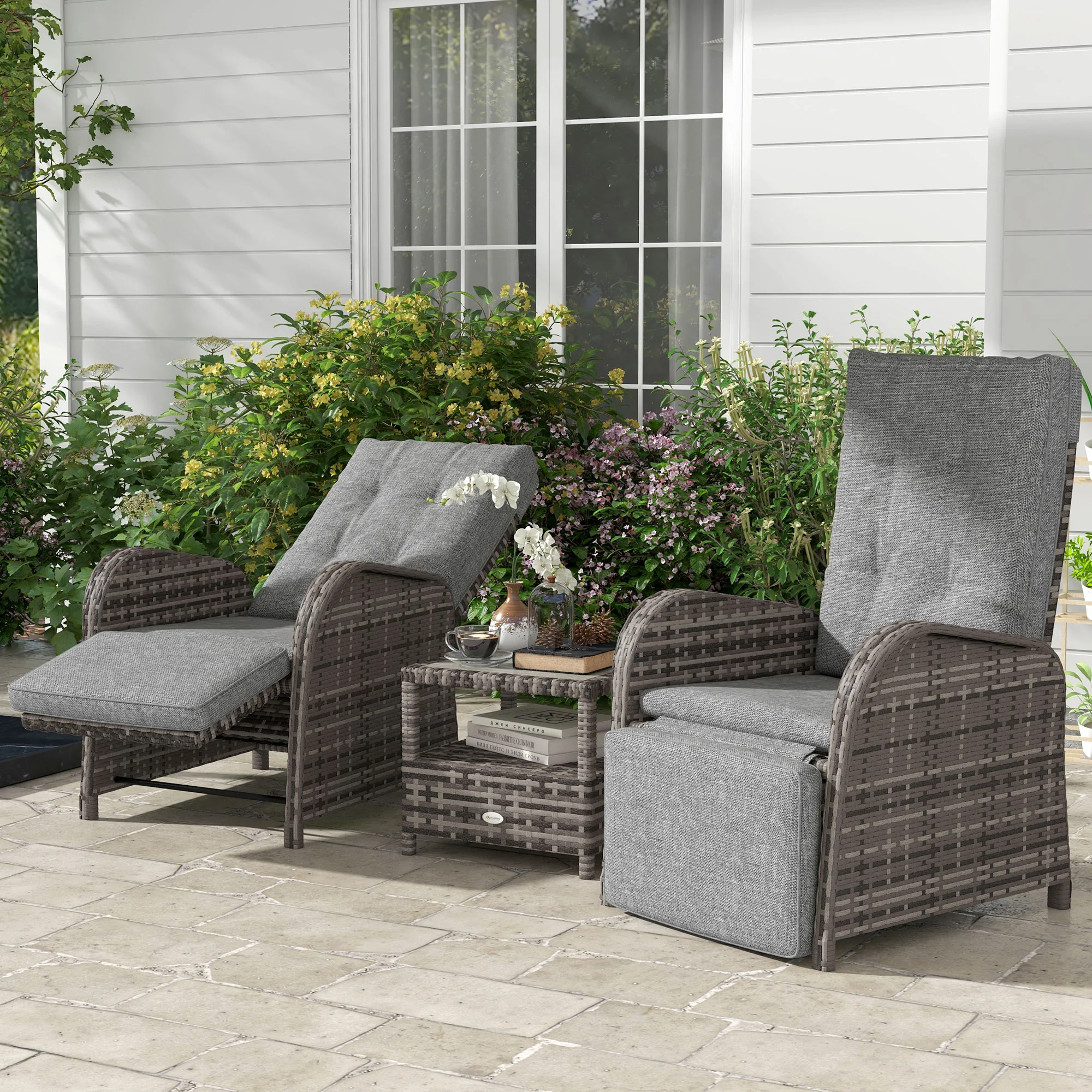 3 Pieces Rattan Bistro Set with Reclining Loungers, 2-Tier Coffee Table & Cushions, Brown - Image 4