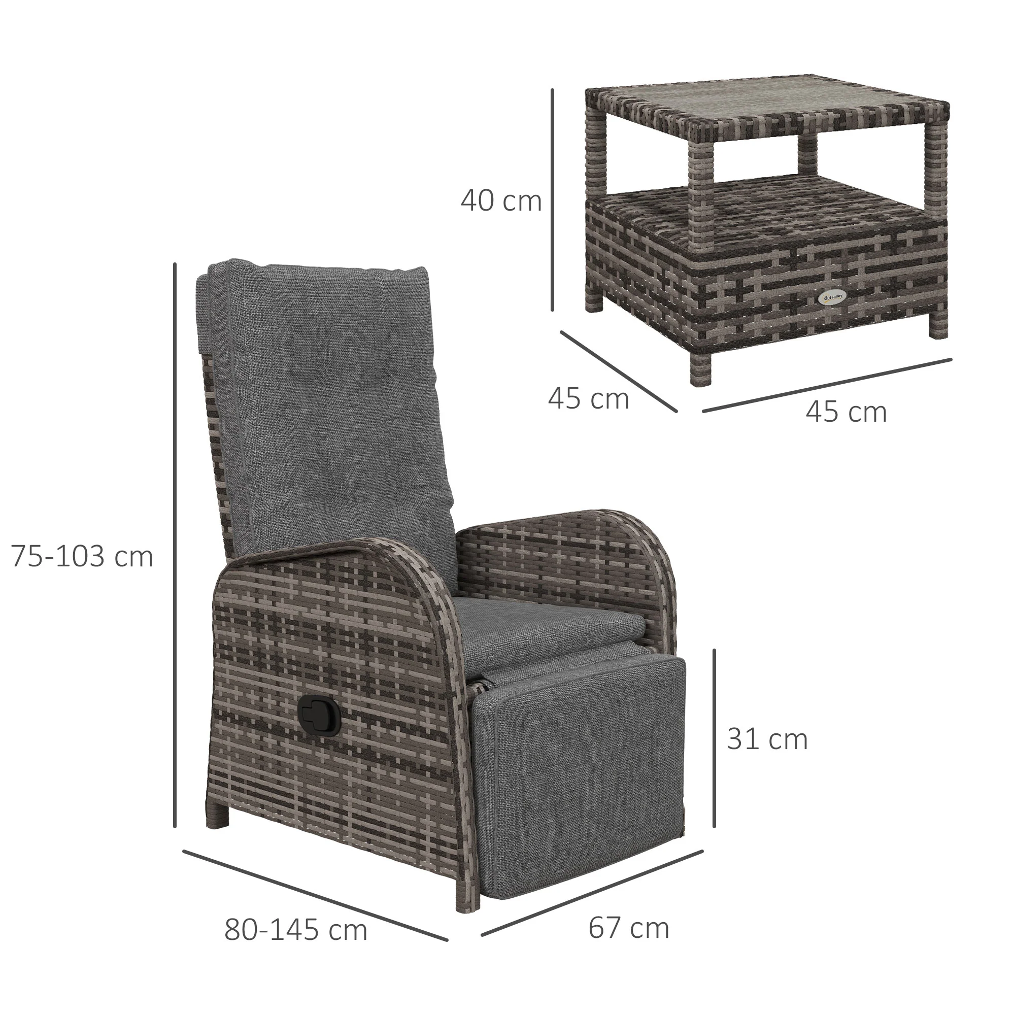 3 Pieces Rattan Bistro Set with Reclining Loungers, 2-Tier Coffee Table & Cushions, Brown - Image 5