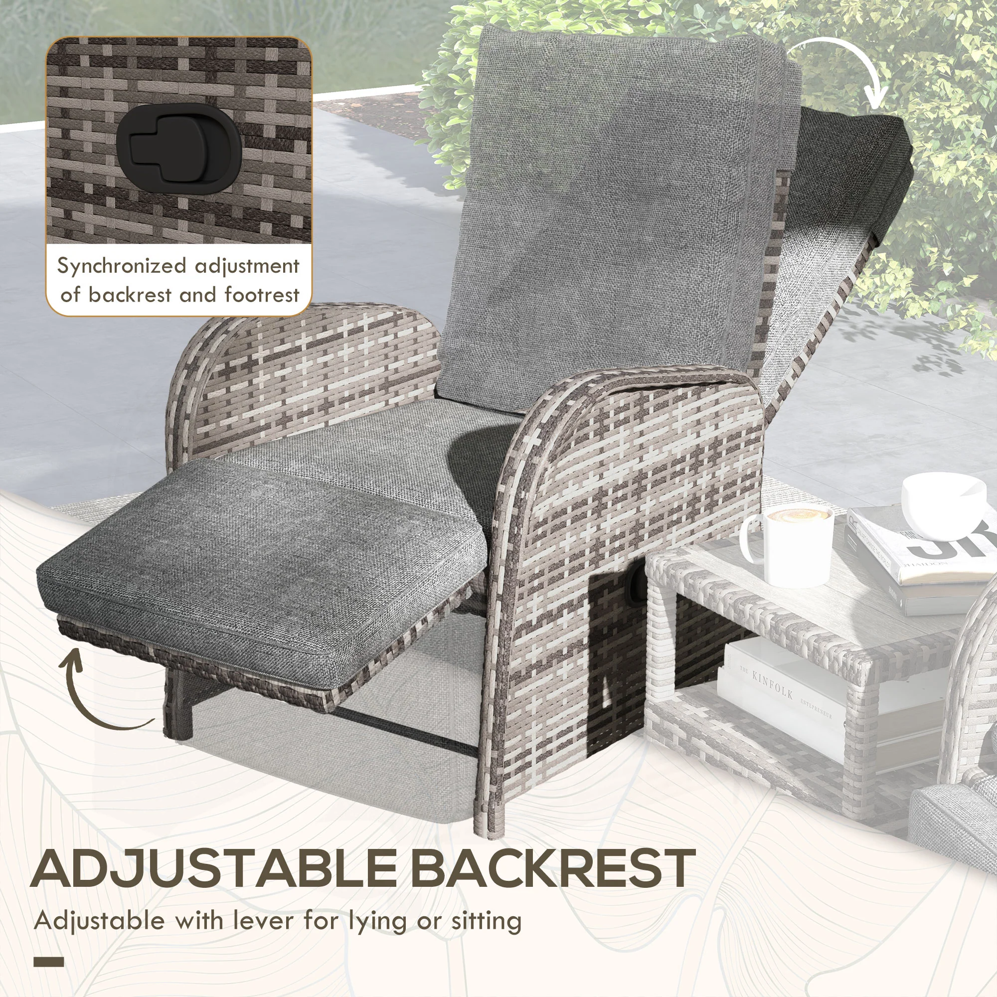 3 Pieces Rattan Bistro Set with Reclining Loungers, 2-Tier Coffee Table & Cushions, Brown - Image 7