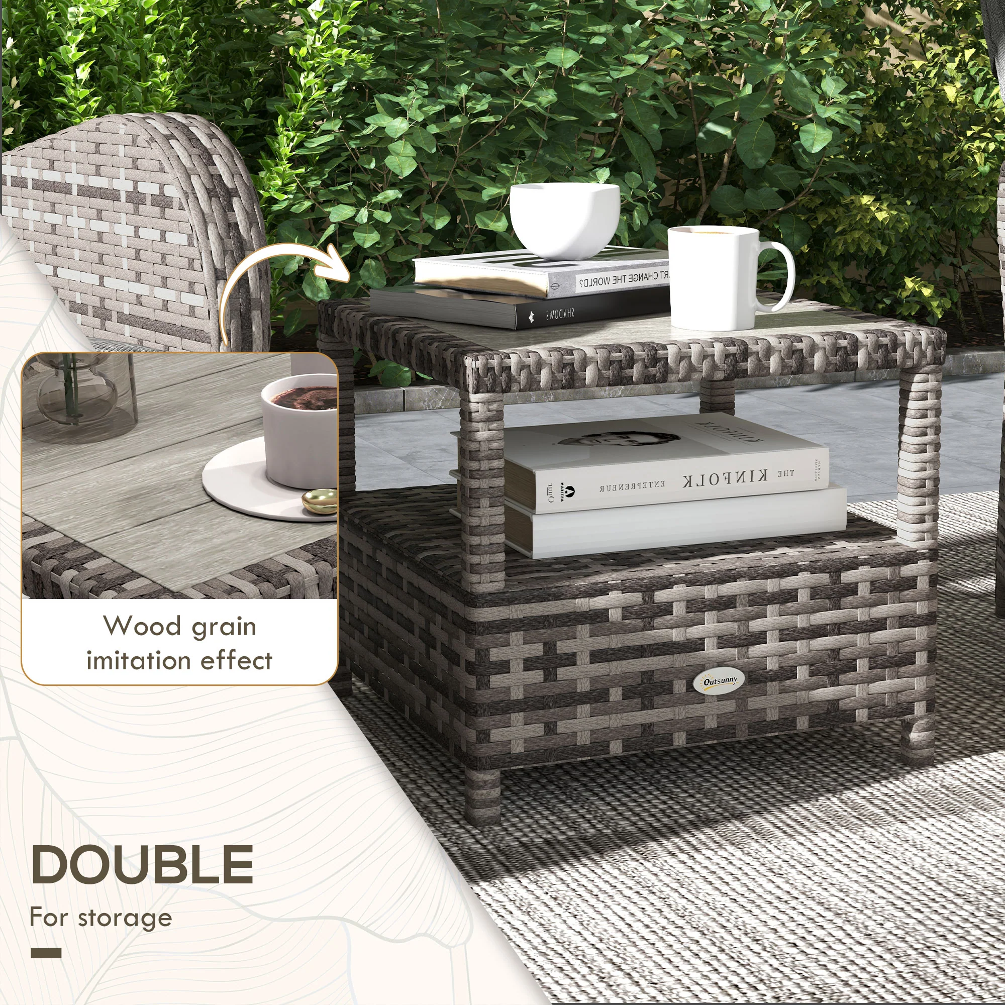 3 Pieces Rattan Bistro Set with Reclining Loungers, 2-Tier Coffee Table & Cushions, Brown - Image 8