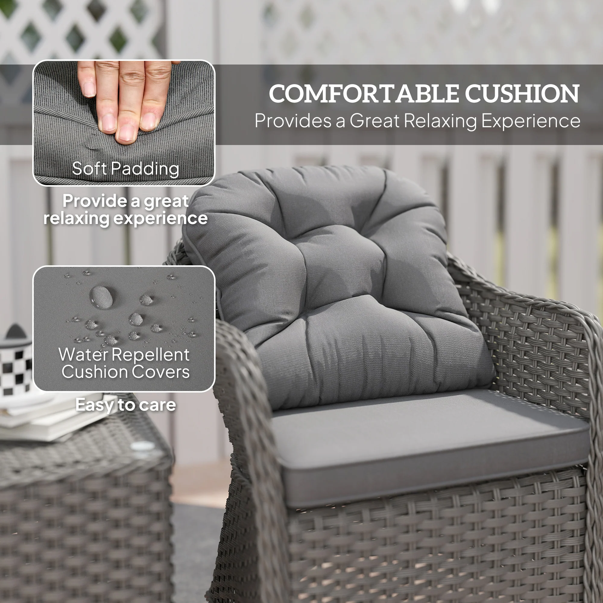 3 Pieces Rattan Bistro Set with Glass Top Table, Chairs & Cushions for Patio, Light Grey - Image 7