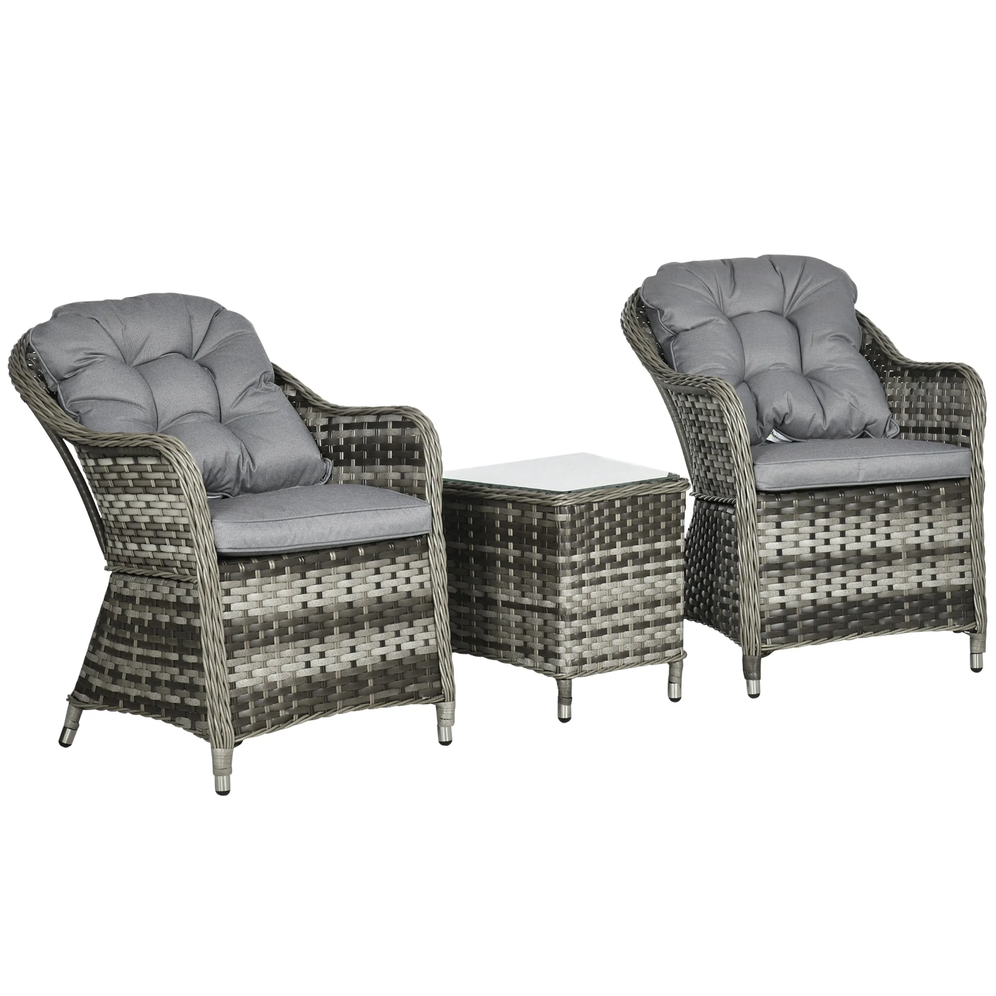 3 Pieces Rattan Bistro Set with Glass Top Table, Chairs & Cushions for Patio, Grey - Image 2