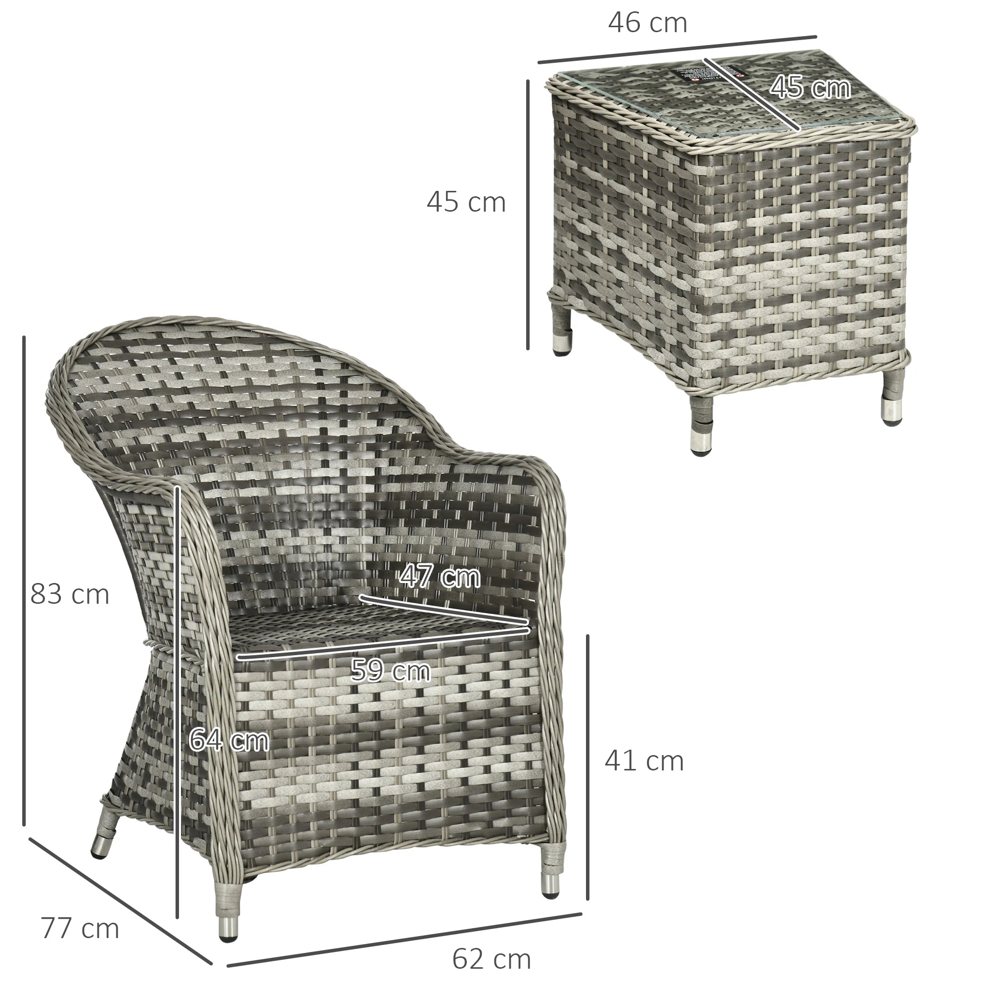 3 Pieces Rattan Bistro Set with Glass Top Table, Chairs & Cushions for Patio, Grey - Image 5