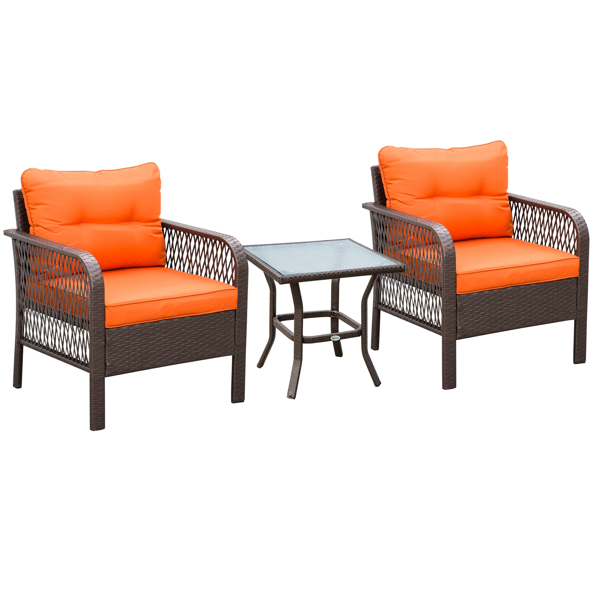 3 Pieces Rattan Bistro Set with Glass Top Table, Chairs & Thickened Cushions, Orange