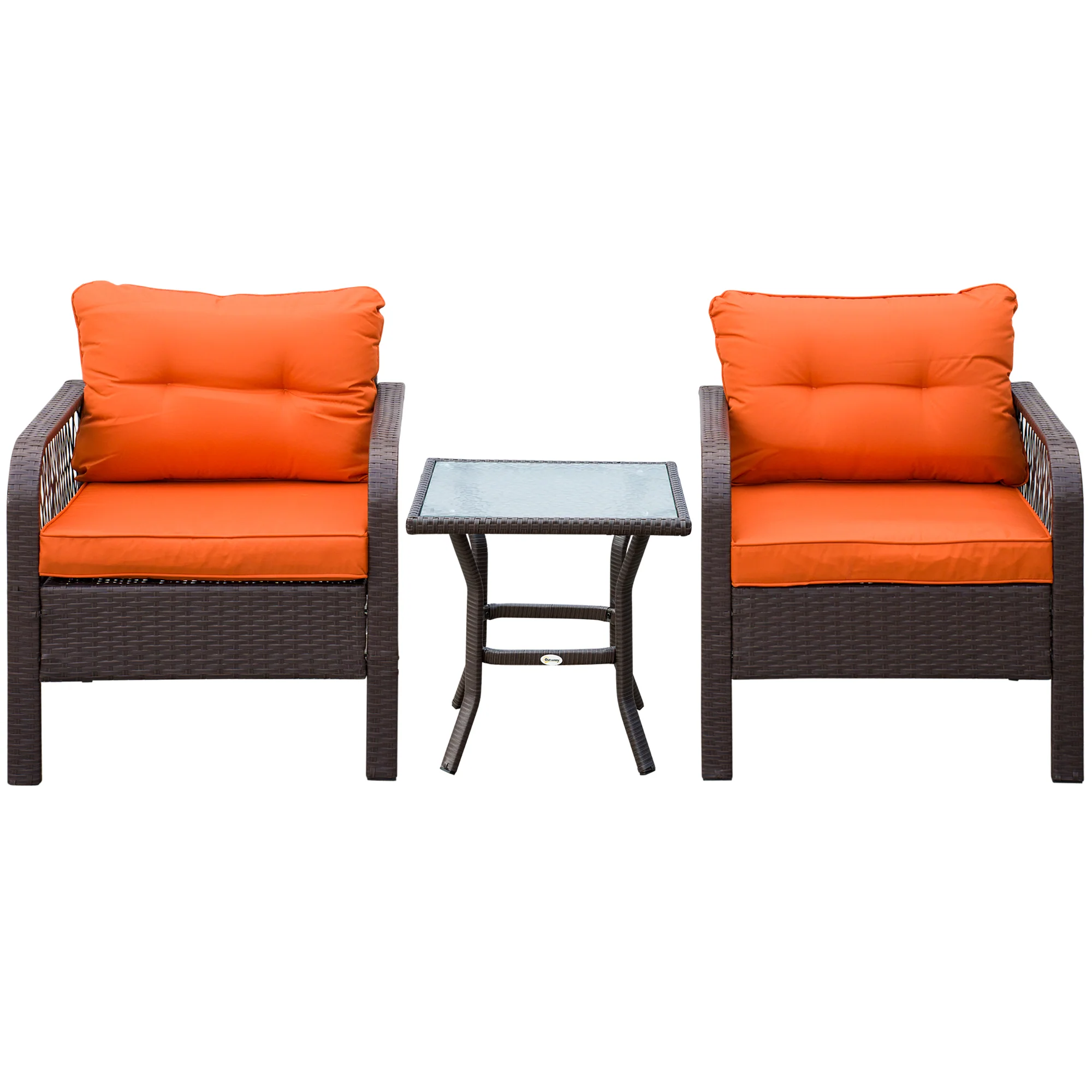3 Pieces Rattan Bistro Set with Glass Top Table, Chairs & Thickened Cushions, Orange - Image 2