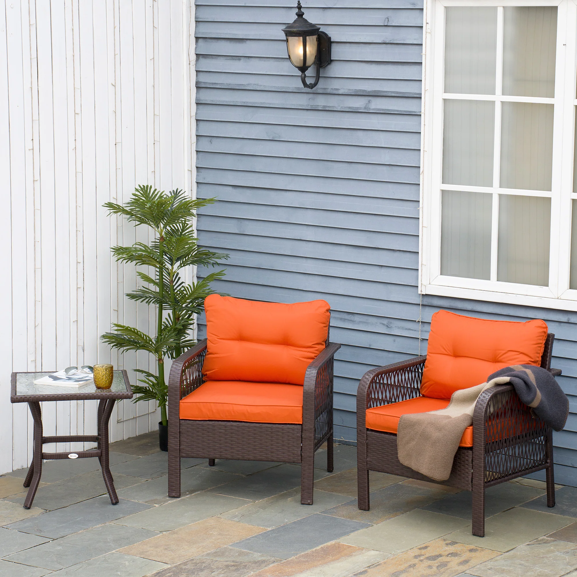 3 Pieces Rattan Bistro Set with Glass Top Table, Chairs & Thickened Cushions, Orange - Image 3