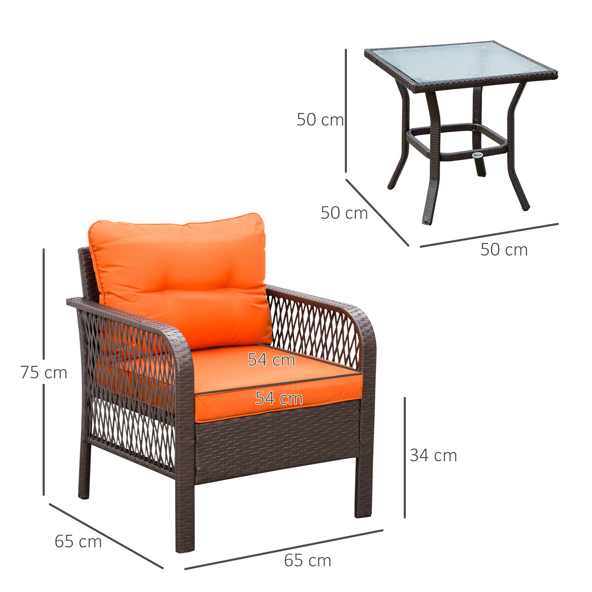 3 Pieces Rattan Bistro Set with Glass Top Table, Chairs & Thickened Cushions, Orange - Image 5