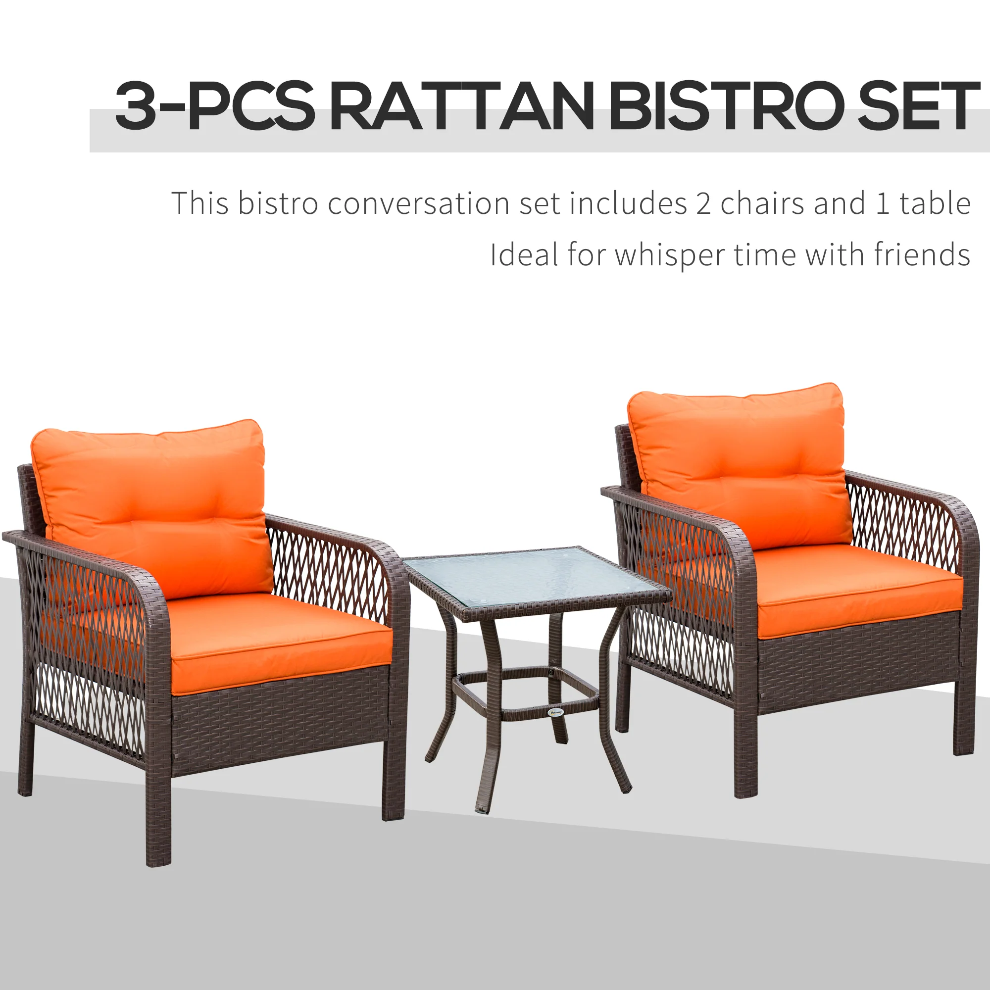 3 Pieces Rattan Bistro Set with Glass Top Table, Chairs & Thickened Cushions, Orange - Image 6