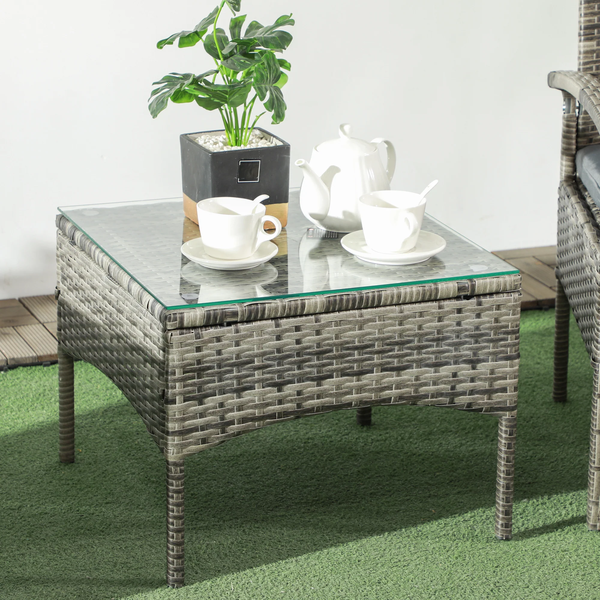 3 Pieces Patio Rattan Bistro Set w/ Chairs, Glass Top Coffee Table & Cushions, Mixed Grey - Image 10