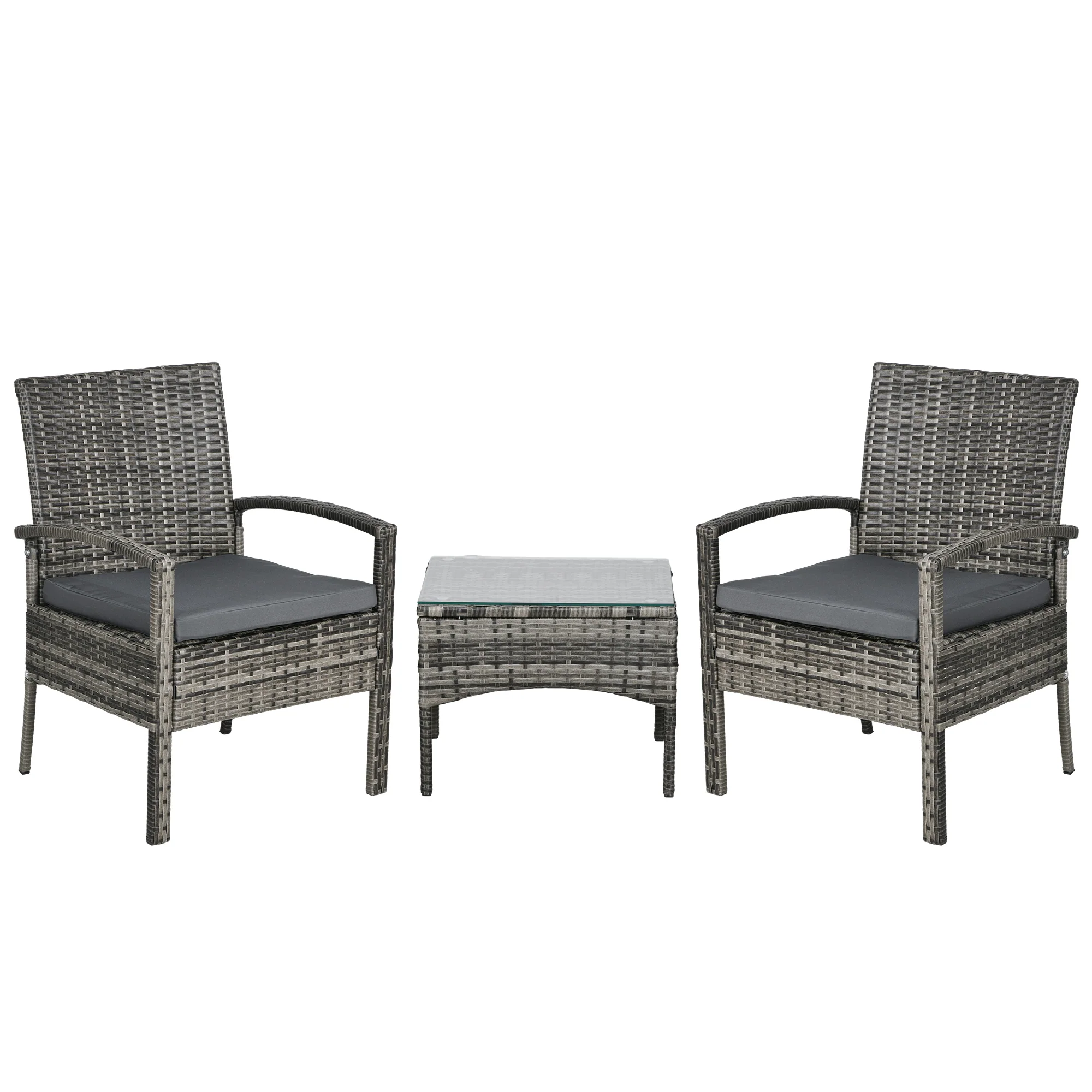 3 Pieces Patio Rattan Bistro Set w/ Chairs, Glass Top Coffee Table & Cushions, Mixed Grey - Image 12