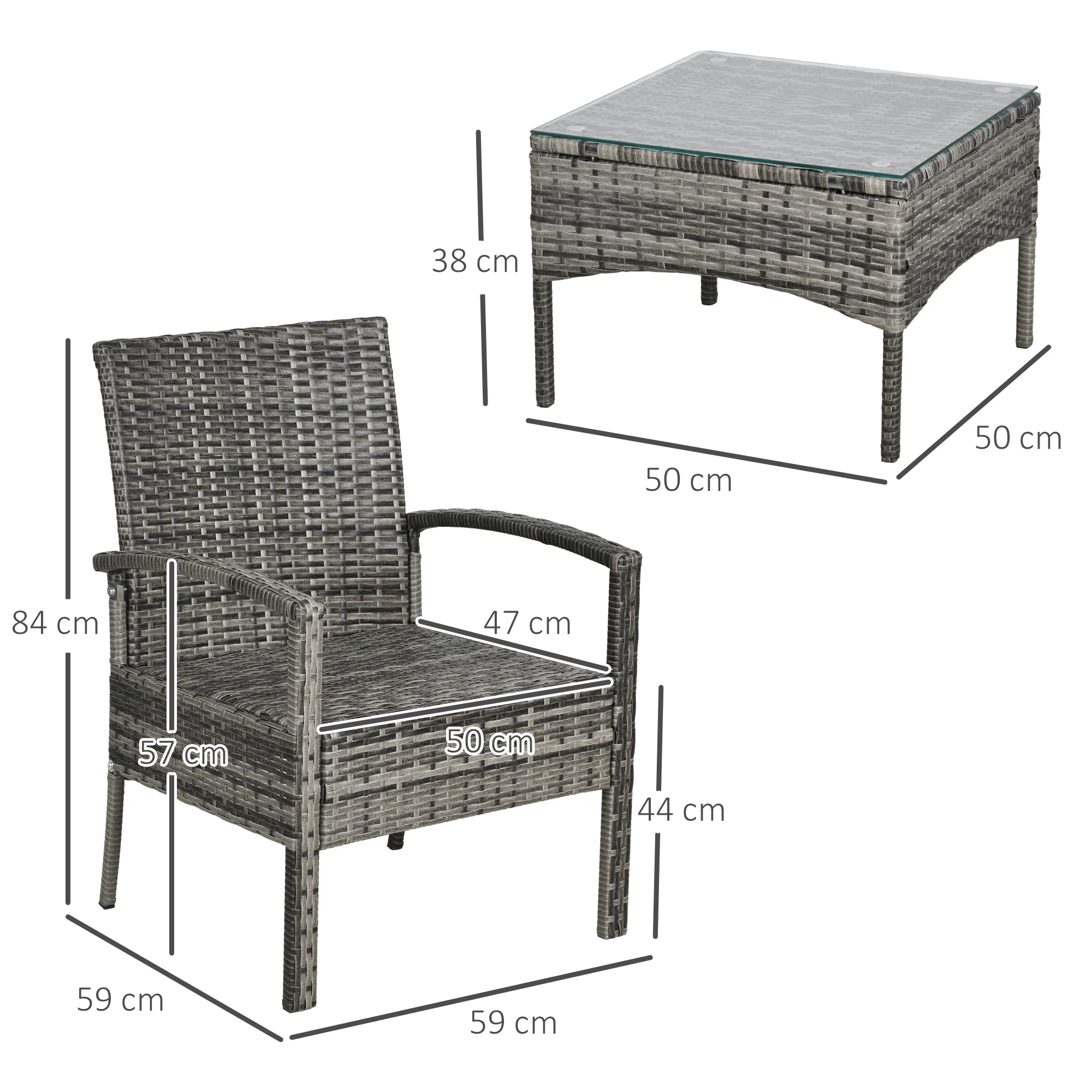 3 Pieces Patio Rattan Bistro Set w/ Chairs, Glass Top Coffee Table & Cushions, Mixed Grey - Image 5