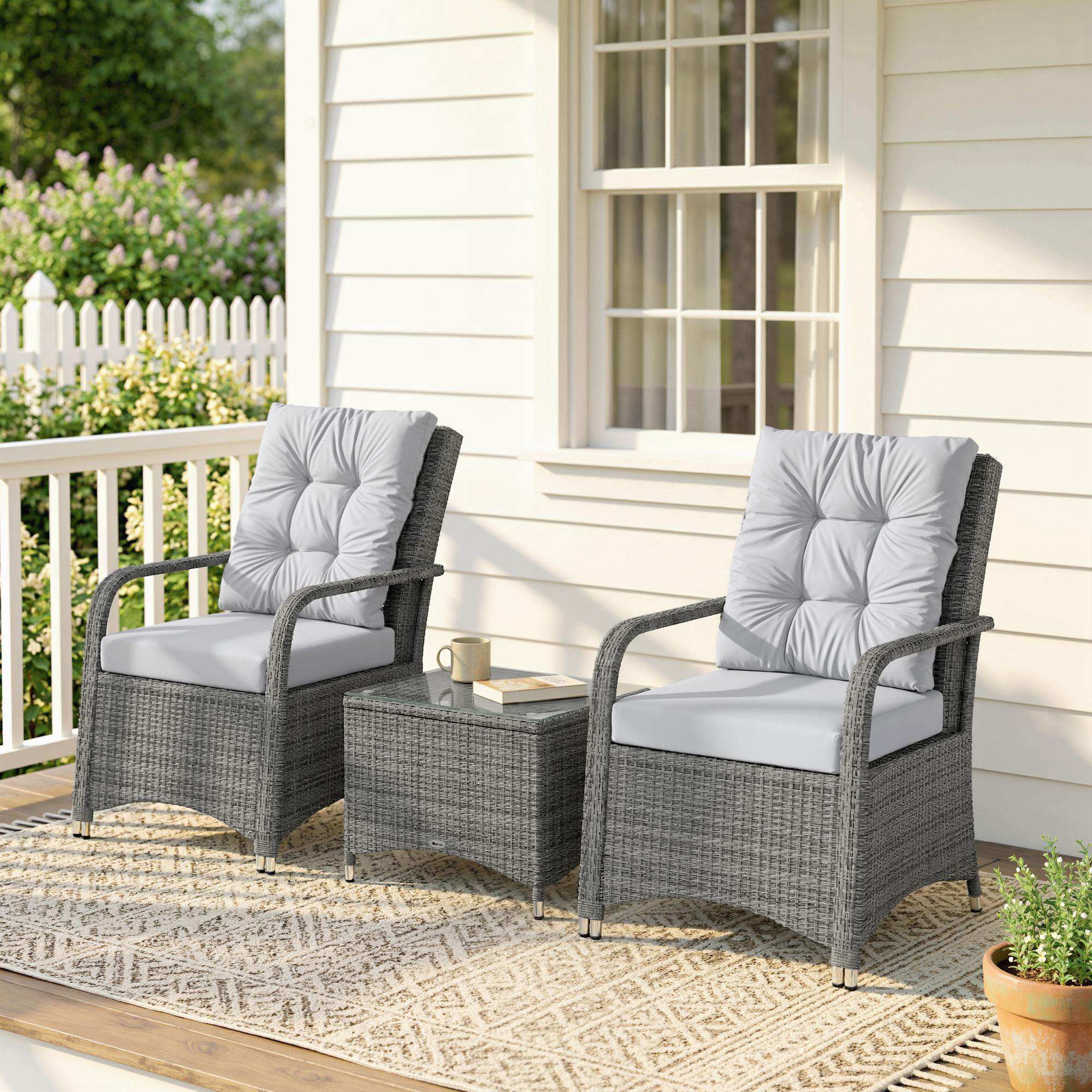 3-Piece Rattan Bistro Set with Metal Frame, Glass Table and Cushions, Light Grey - Image 4
