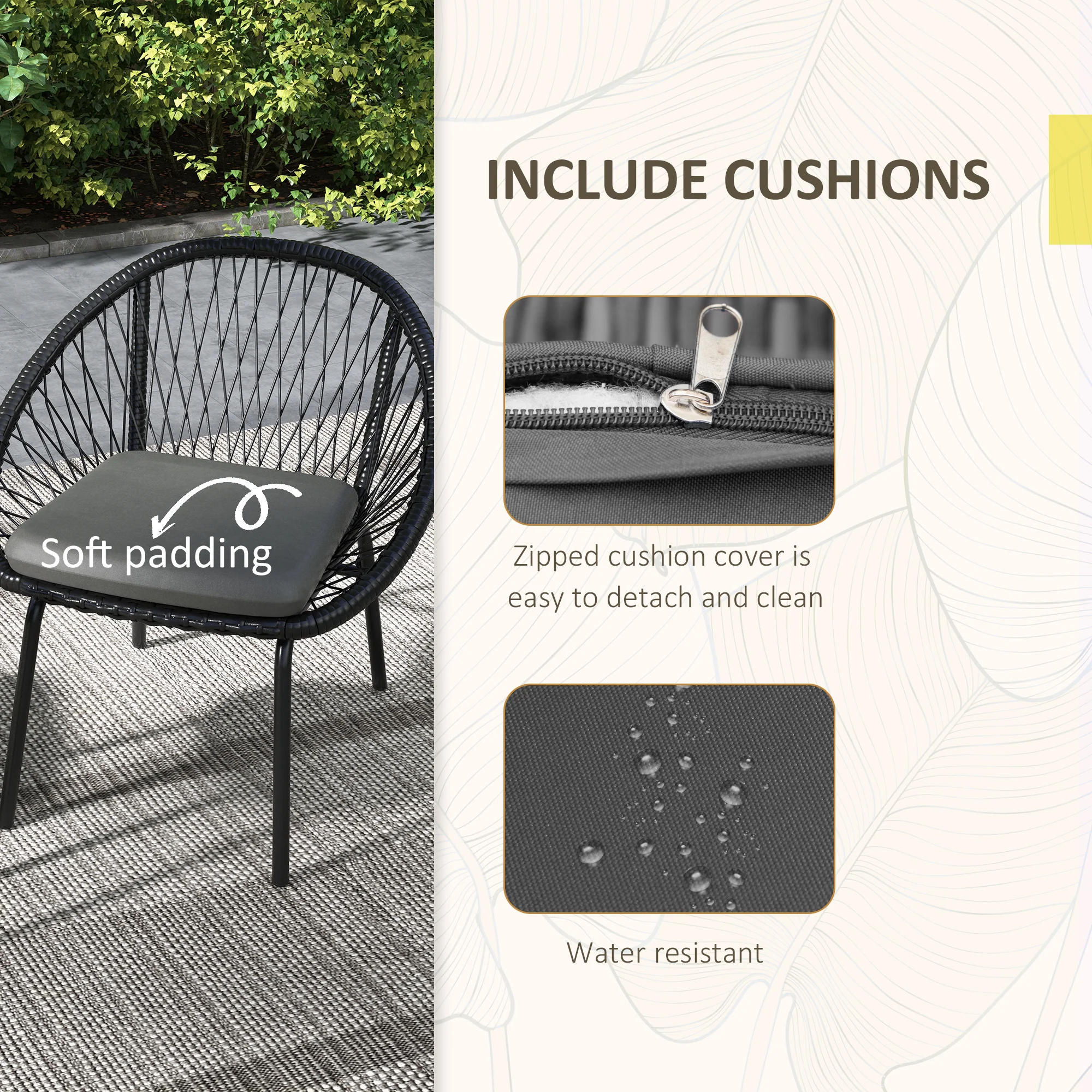 3 Pieces Garden Rattan Bistro Set with Chairs, Round Coffee Table & Cushions, Black - Image 8