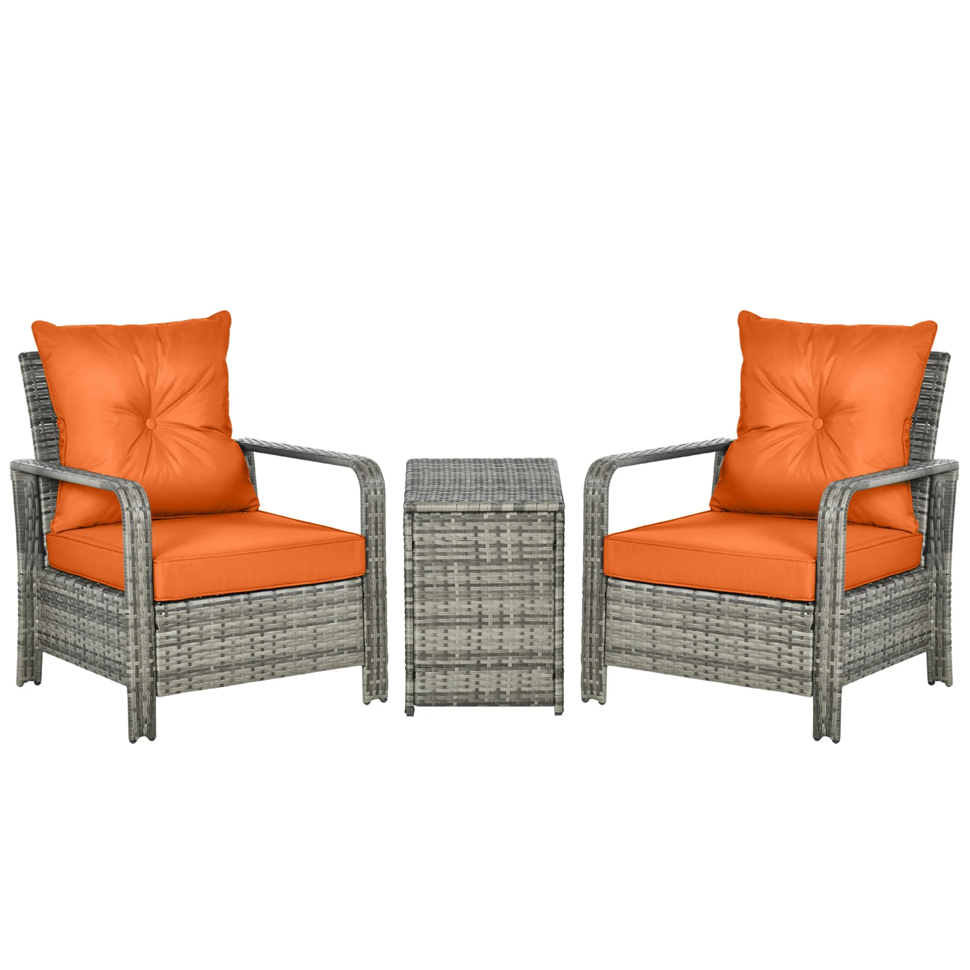 3 Pieces Rattan Bistro Set with Storage Coffee Table, Chairs & Thickened Cushions, Orange