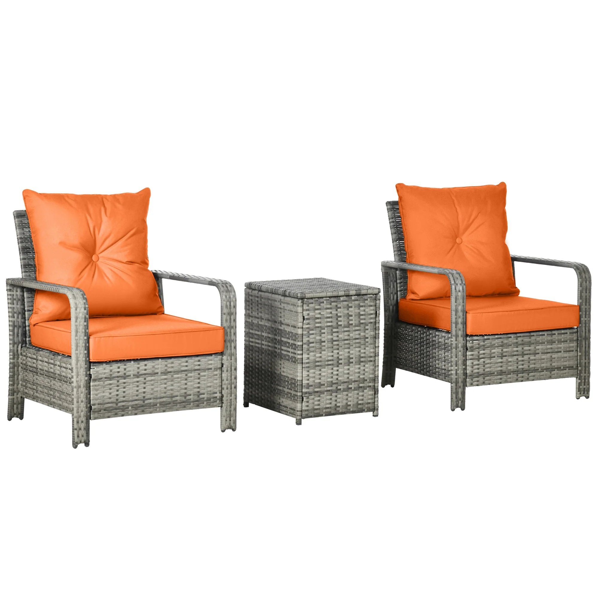 3 Pieces Rattan Bistro Set with Storage Coffee Table, Chairs & Thickened Cushions, Orange - Image 2