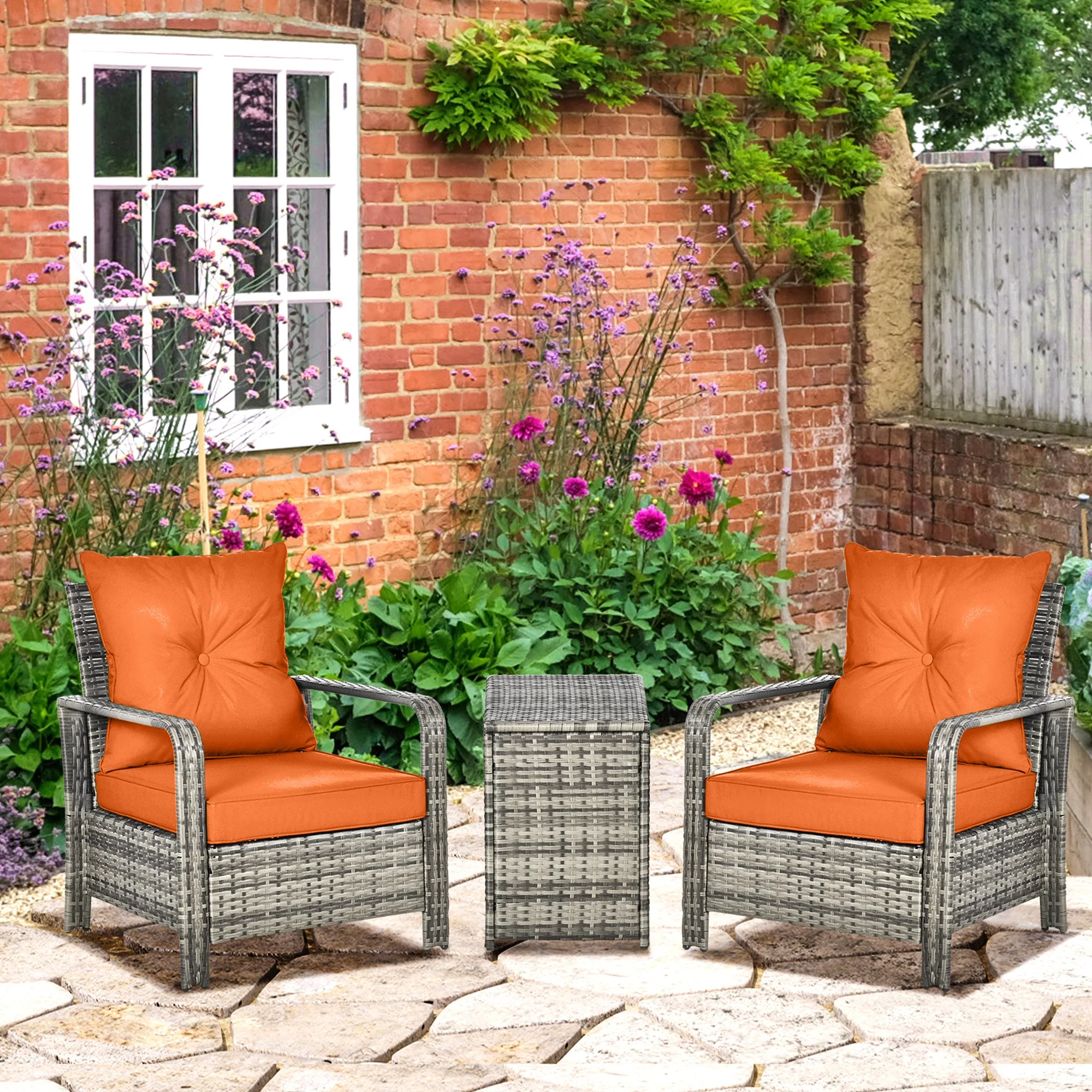 3 Pieces Rattan Bistro Set with Storage Coffee Table, Chairs & Thickened Cushions, Orange - Image 3