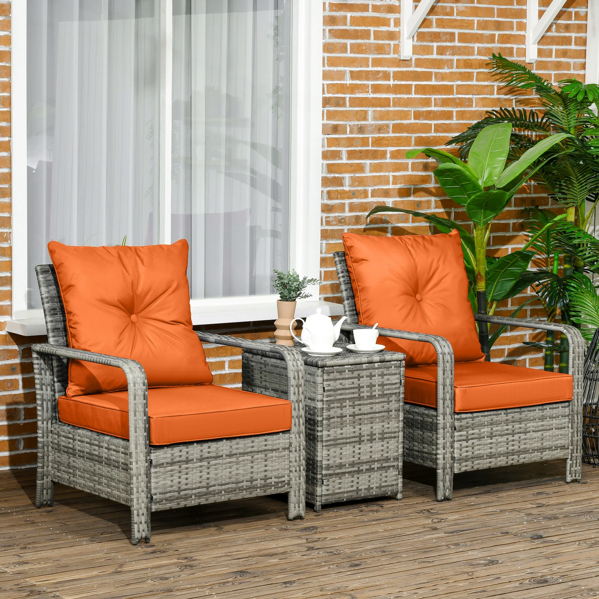 3 Pieces Rattan Bistro Set with Storage Coffee Table, Chairs & Thickened Cushions, Orange - Image 4