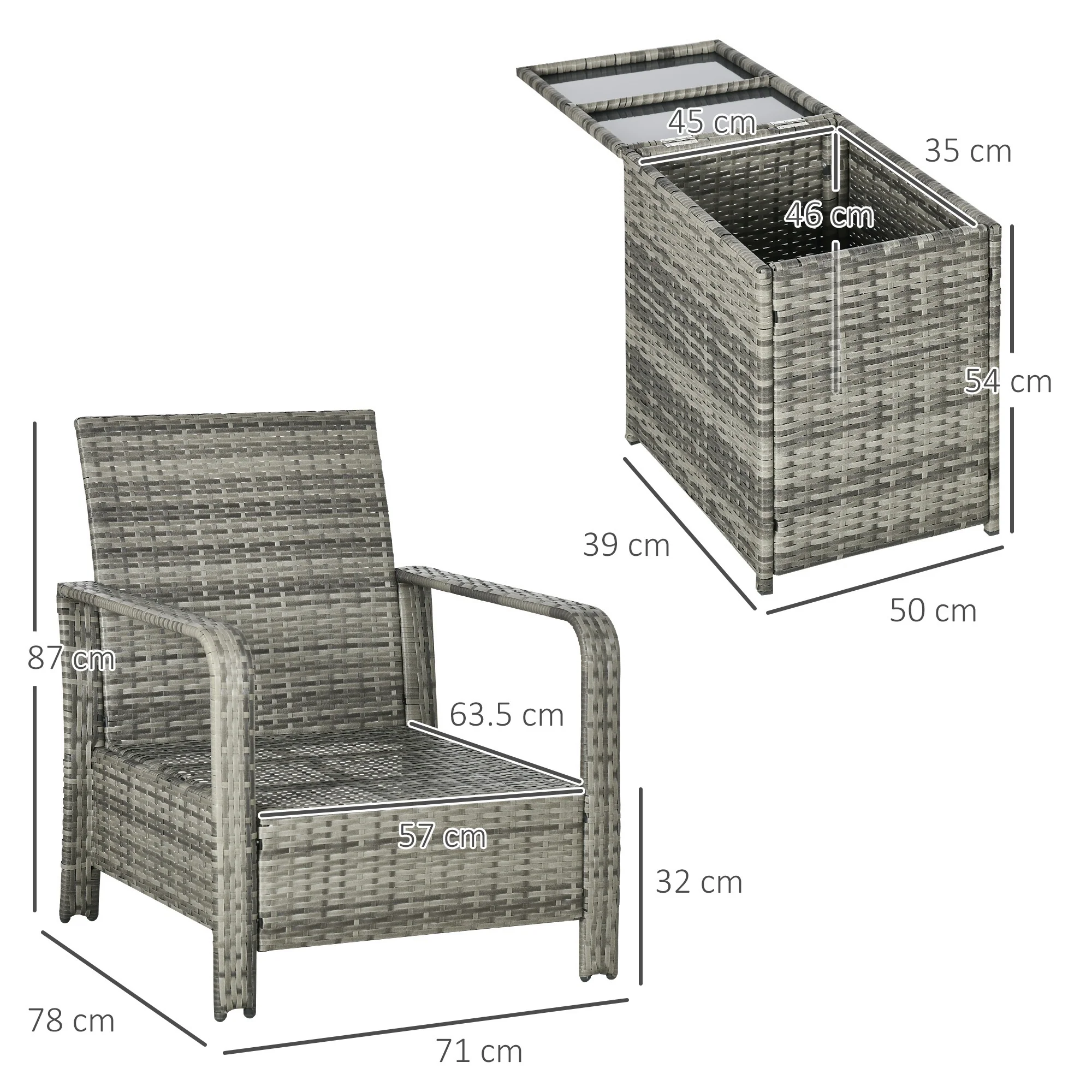 3 Pieces Rattan Bistro Set with Storage Coffee Table, Chairs & Thickened Cushions, Orange - Image 5