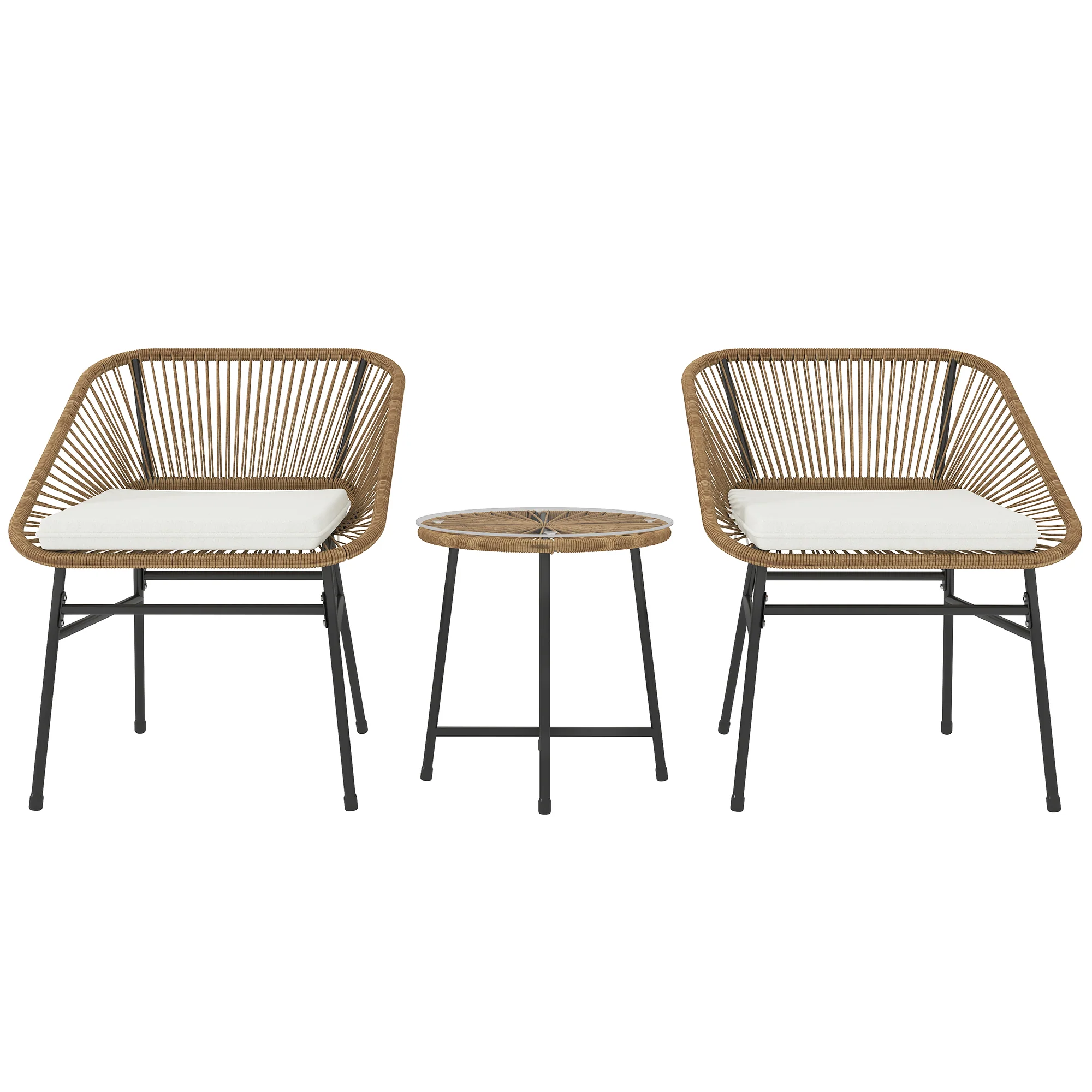 3 Pieces Garden Rattan Bistro Set with Chairs, Glass Top Table & Cushions, Natural