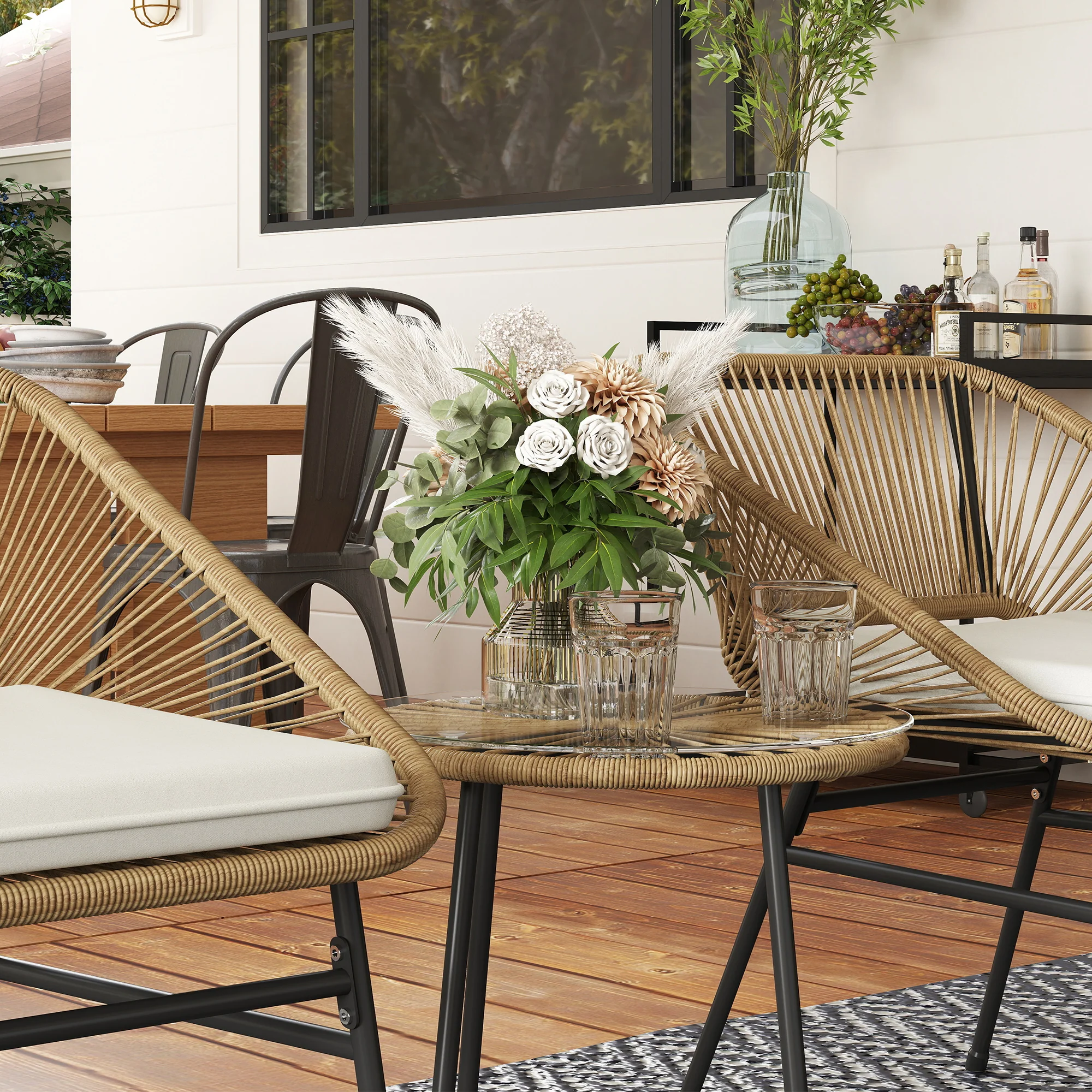 3 Pieces Garden Rattan Bistro Set with Chairs, Glass Top Table & Cushions, Natural - Image 10