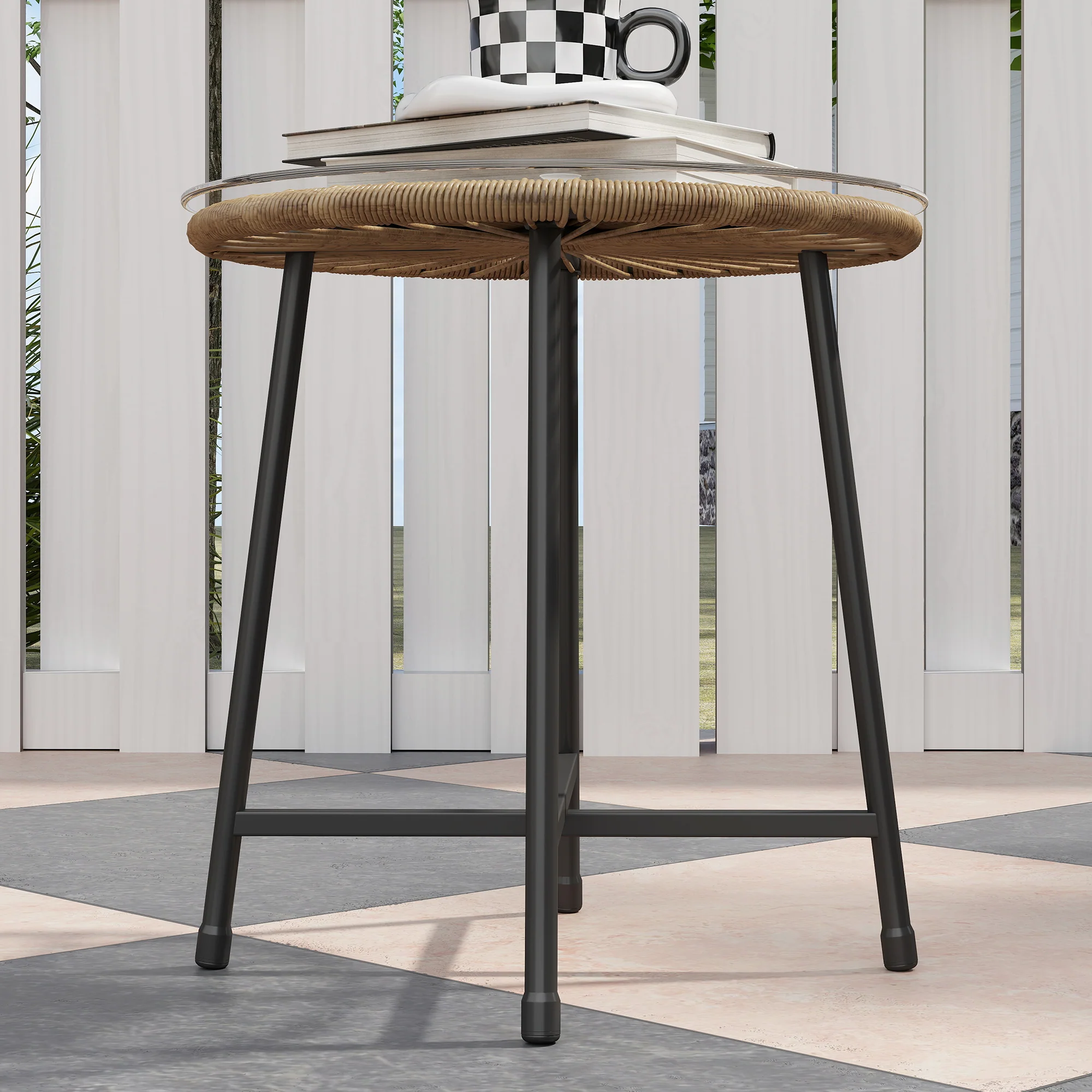 3 Pieces Garden Rattan Bistro Set with Chairs, Glass Top Table & Cushions, Natural - Image 11