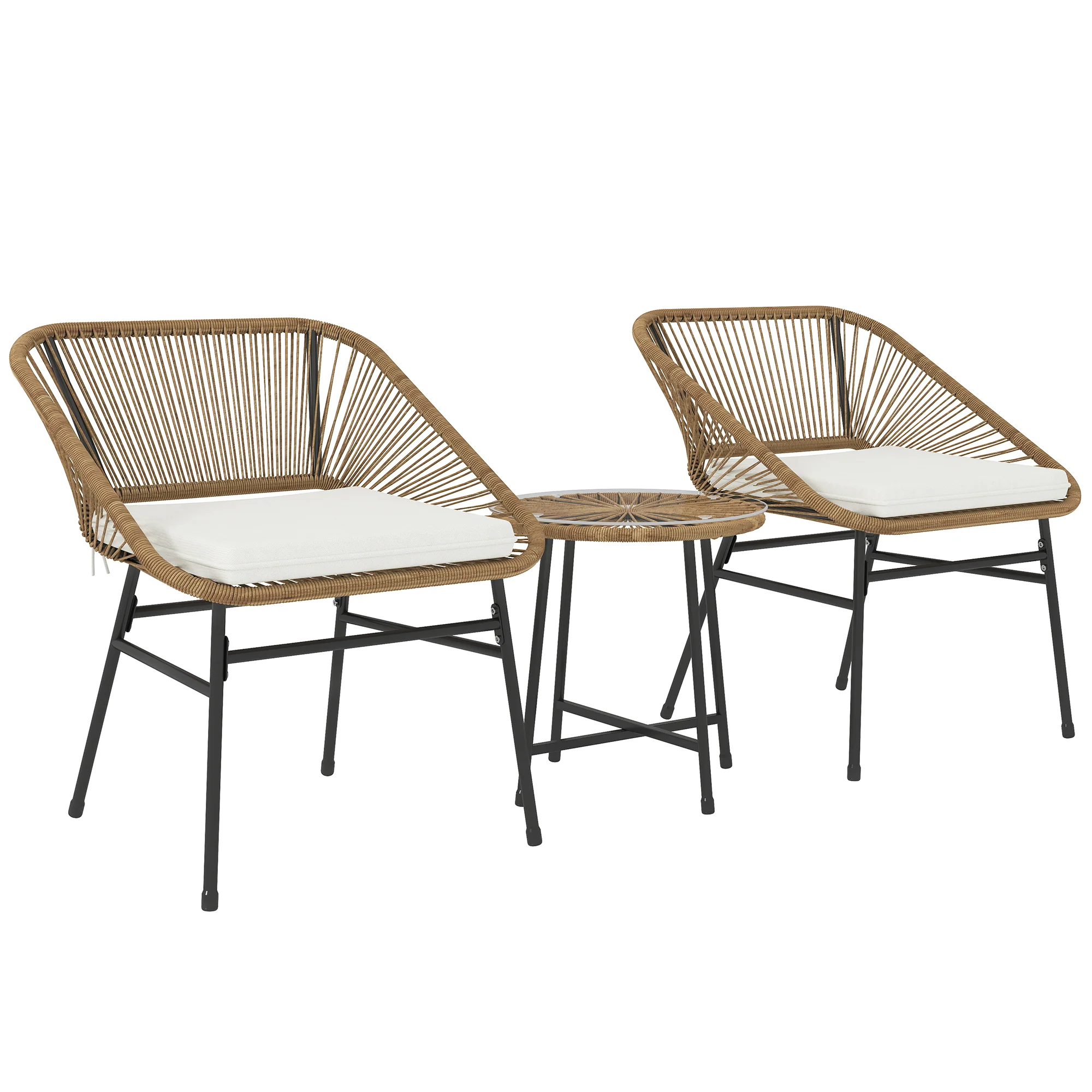 3 Pieces Garden Rattan Bistro Set with Chairs, Glass Top Table & Cushions, Natural - Image 2