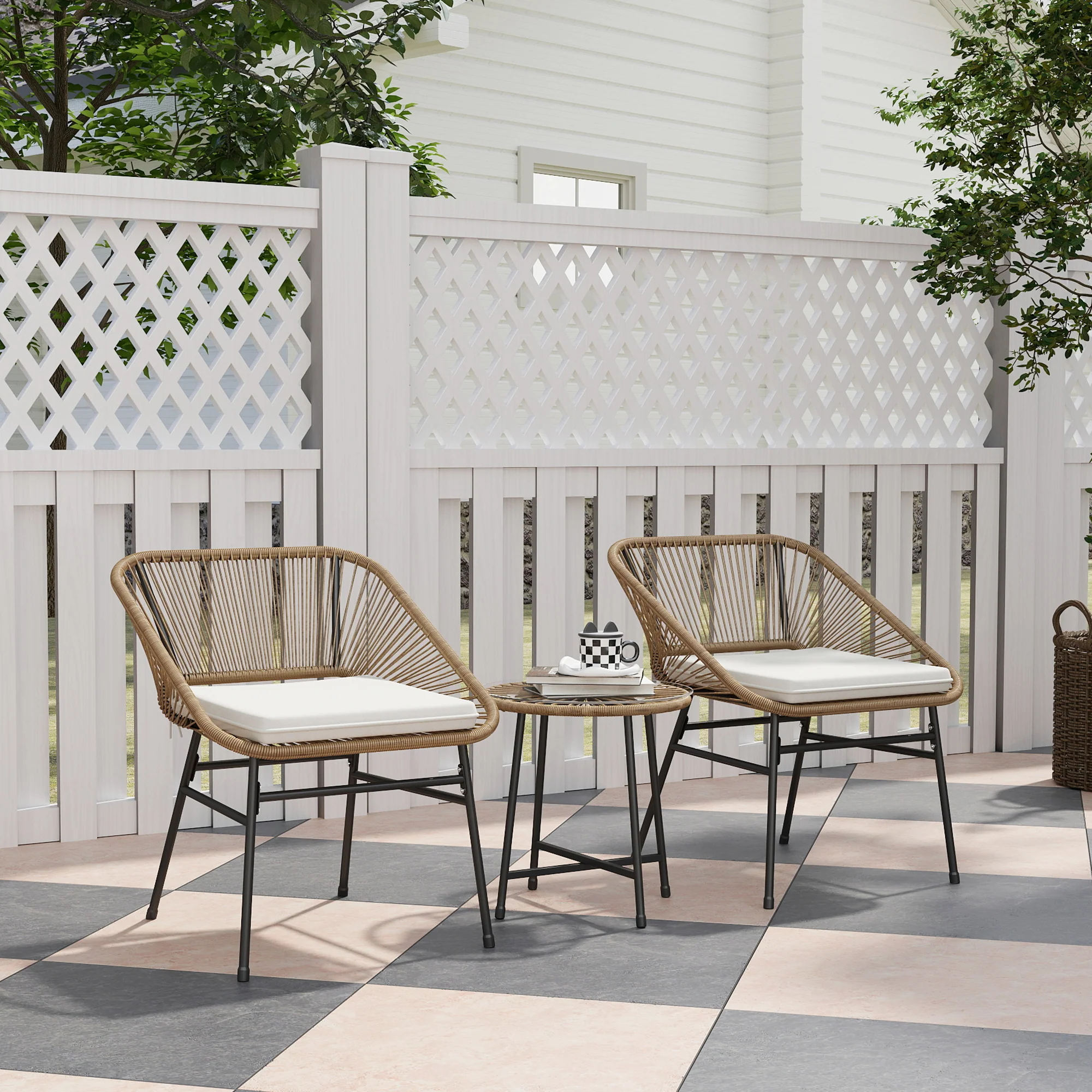 3 Pieces Garden Rattan Bistro Set with Chairs, Glass Top Table & Cushions, Natural - Image 3