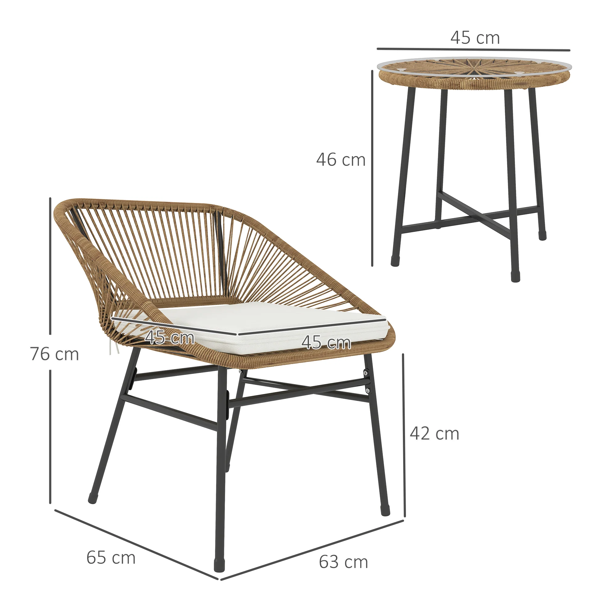 3 Pieces Garden Rattan Bistro Set with Chairs, Glass Top Table & Cushions, Natural - Image 5