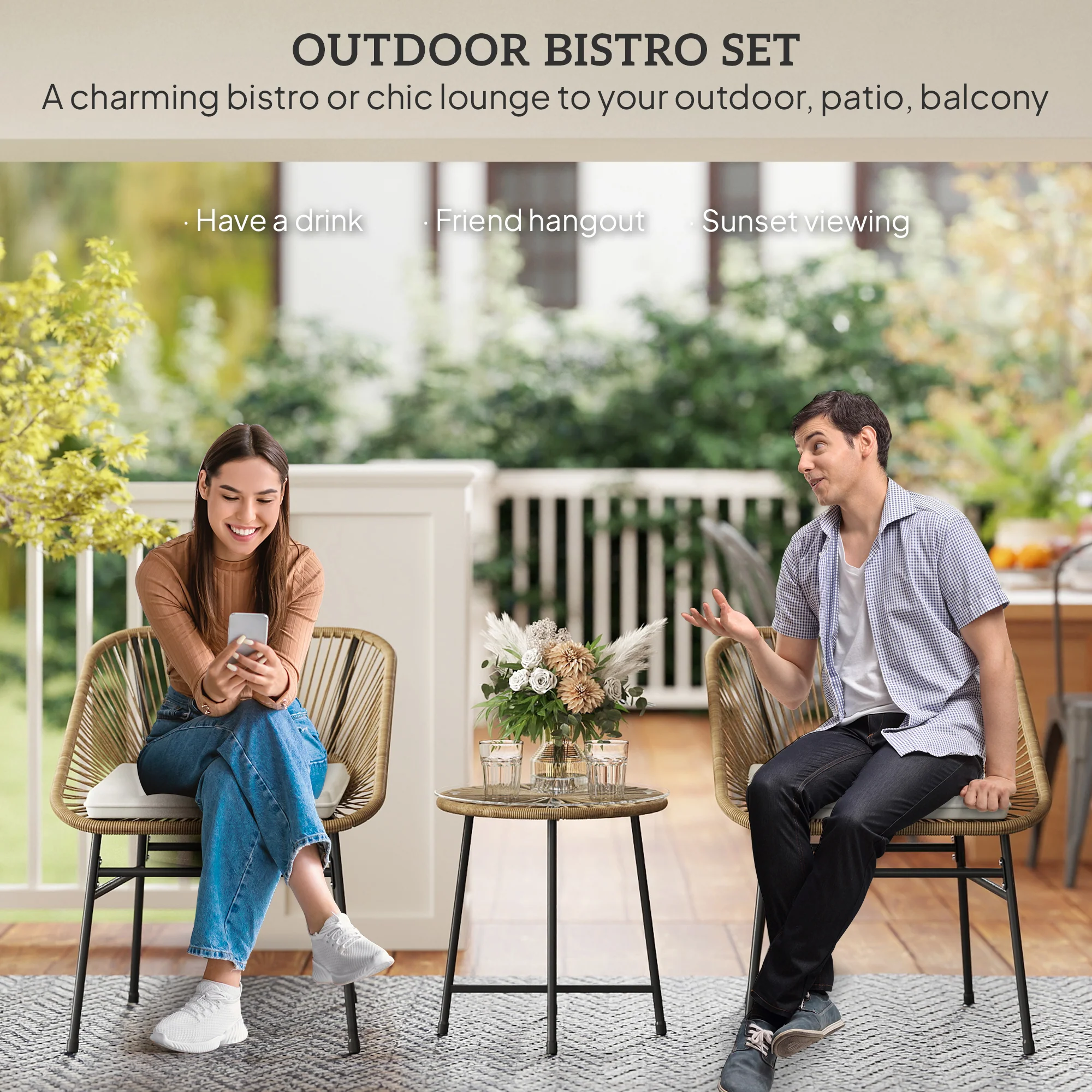 3 Pieces Garden Rattan Bistro Set with Chairs, Glass Top Table & Cushions, Natural - Image 6