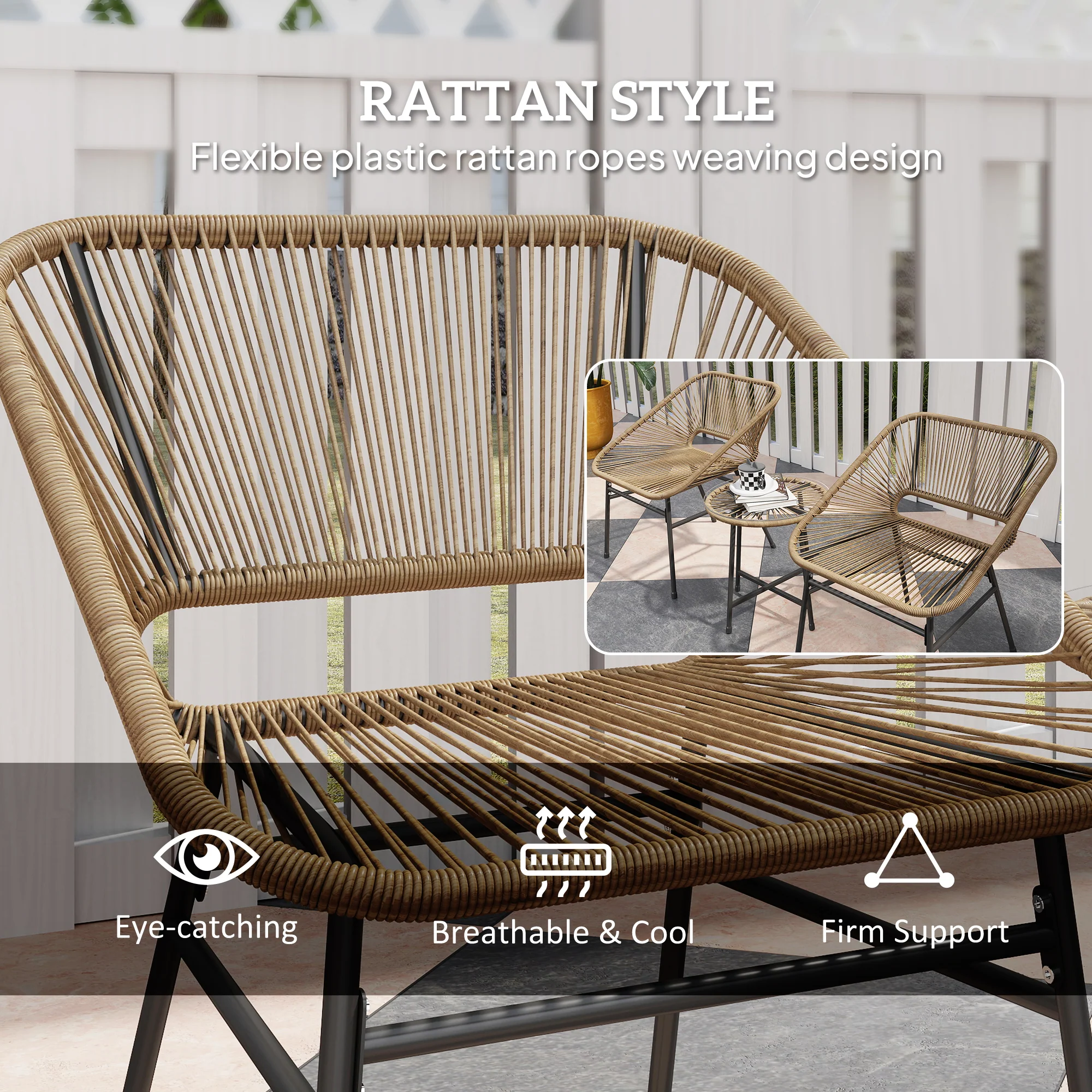 3 Pieces Garden Rattan Bistro Set with Chairs, Glass Top Table & Cushions, Natural - Image 7