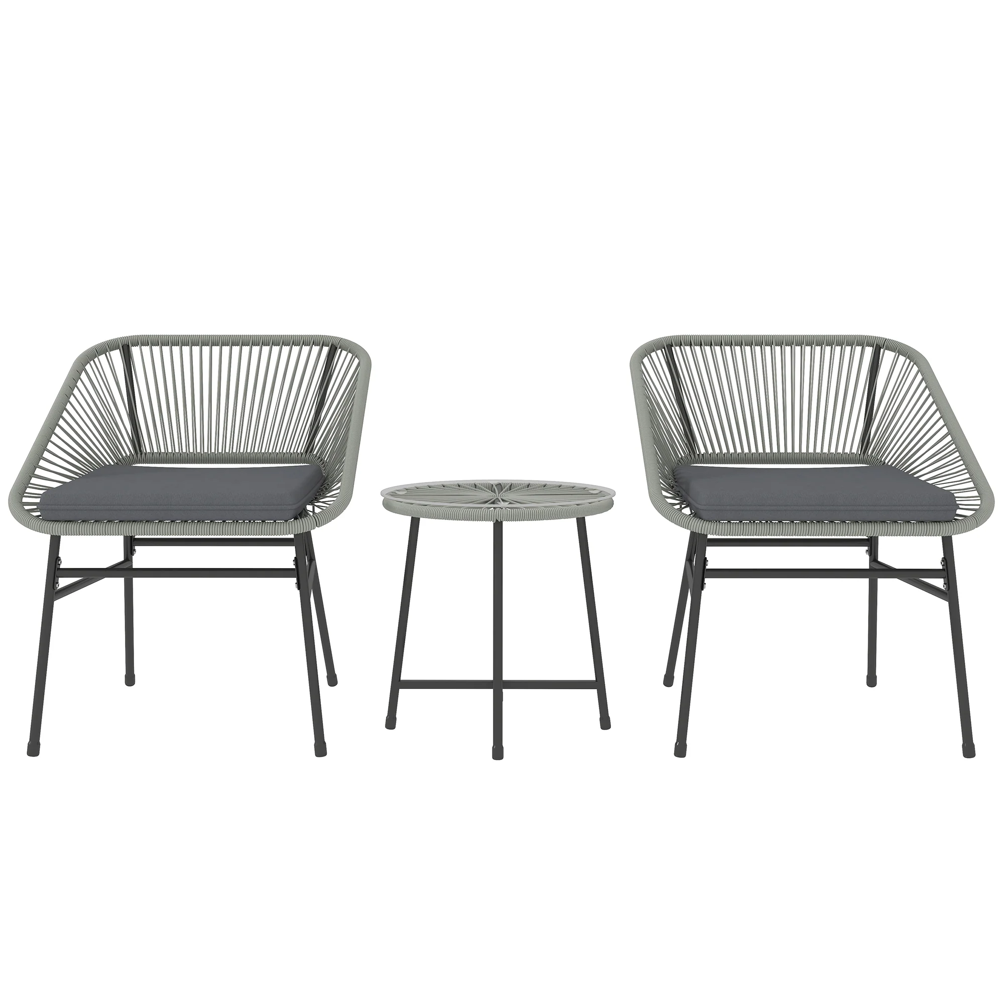 3 Pieces Garden Rattan Bistro Set with Chairs, Glass Top Table & Cushions, Light Grey