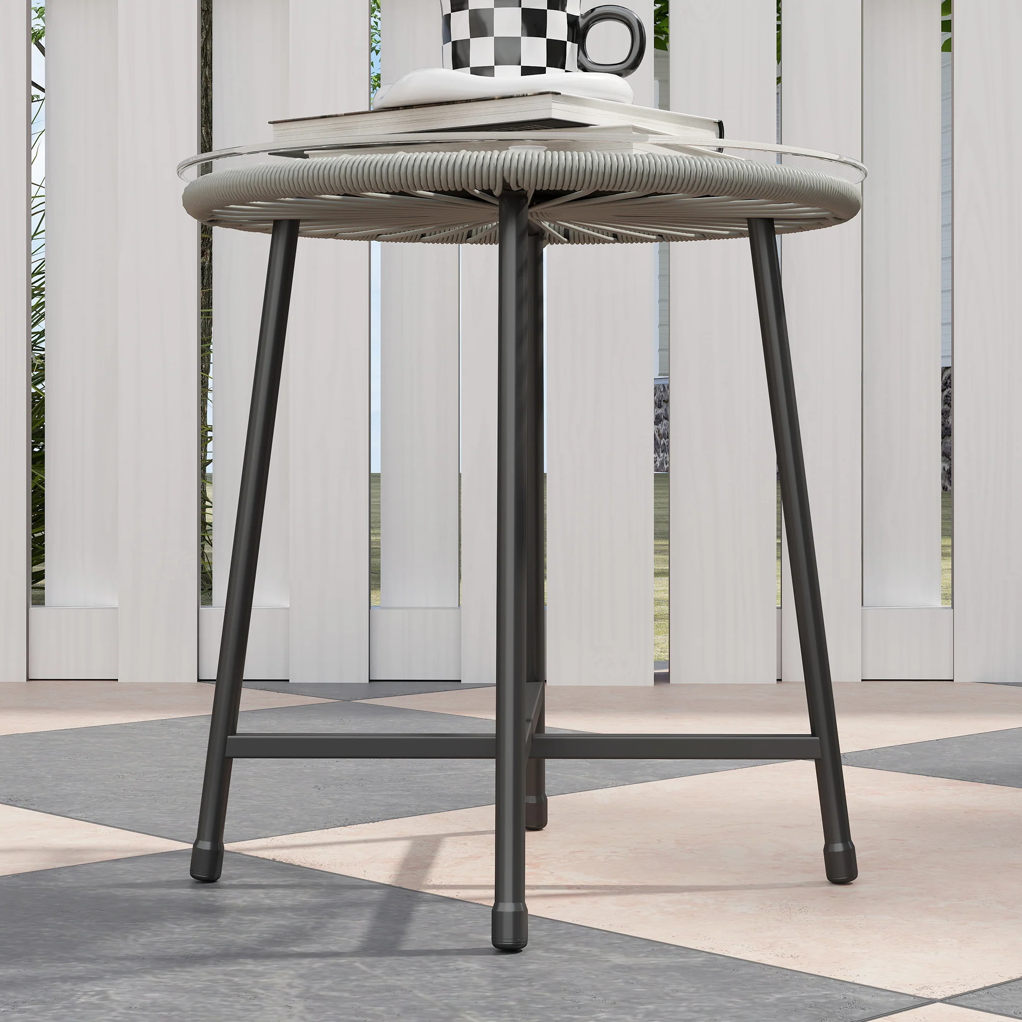 3 Pieces Garden Rattan Bistro Set with Chairs, Glass Top Table & Cushions, Light Grey - Image 11