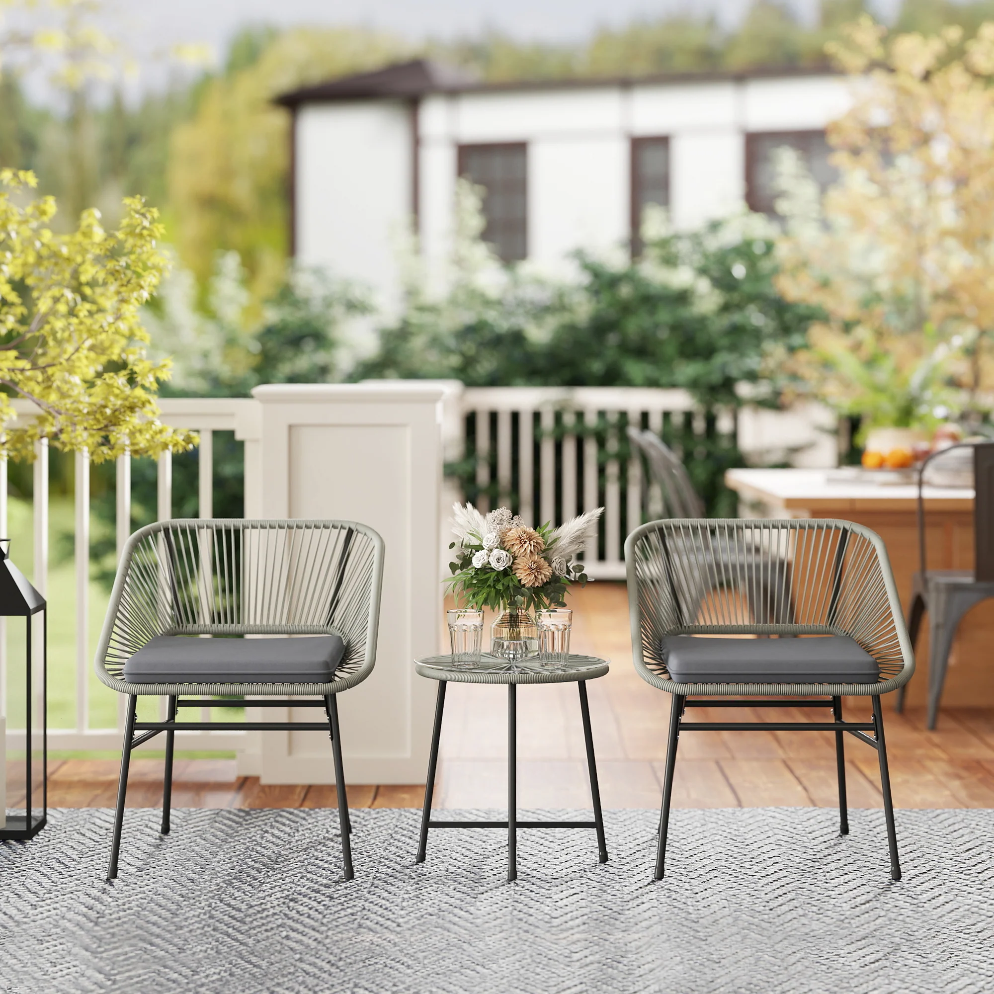 3 Pieces Garden Rattan Bistro Set with Chairs, Glass Top Table & Cushions, Light Grey - Image 4