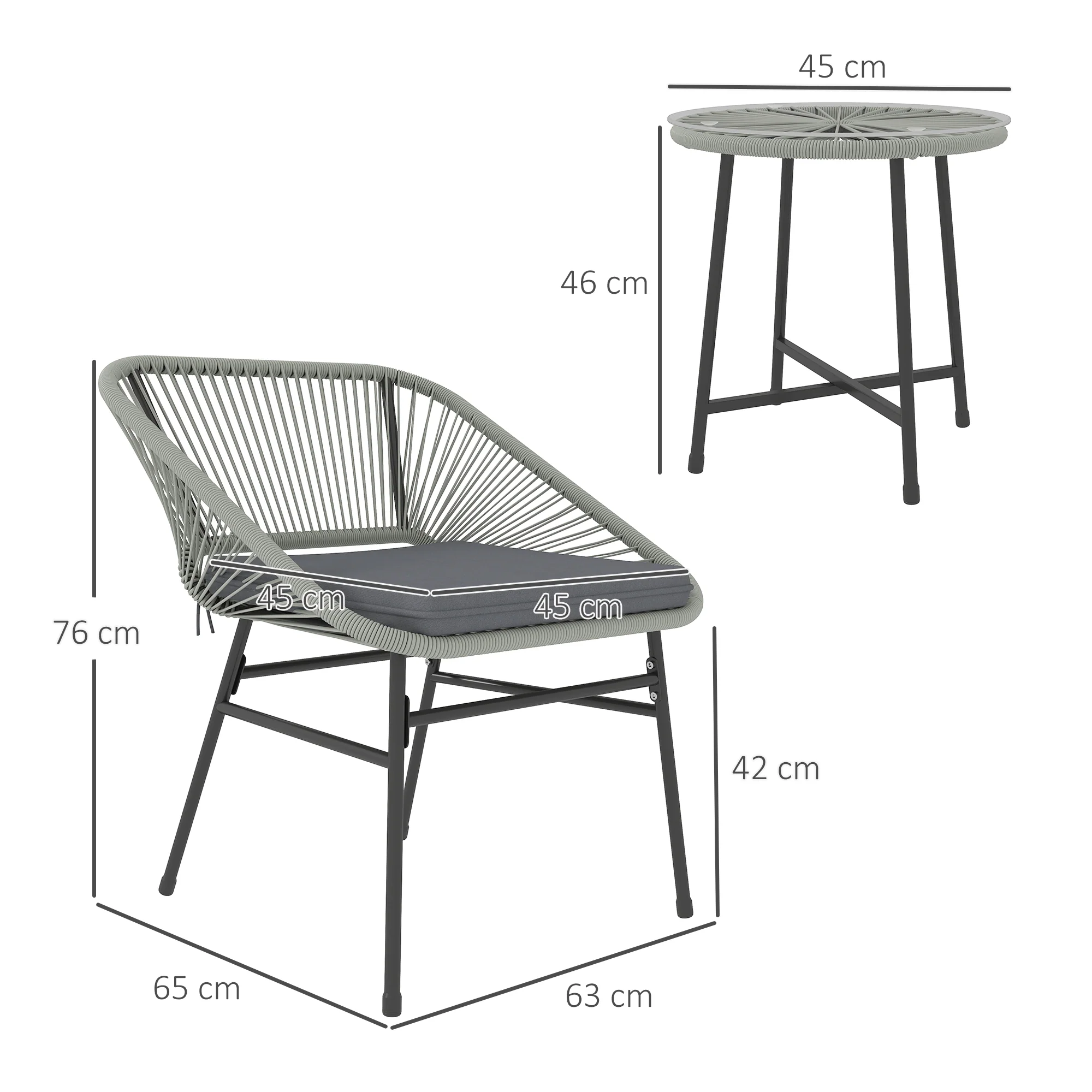 3 Pieces Garden Rattan Bistro Set with Chairs, Glass Top Table & Cushions, Light Grey - Image 5