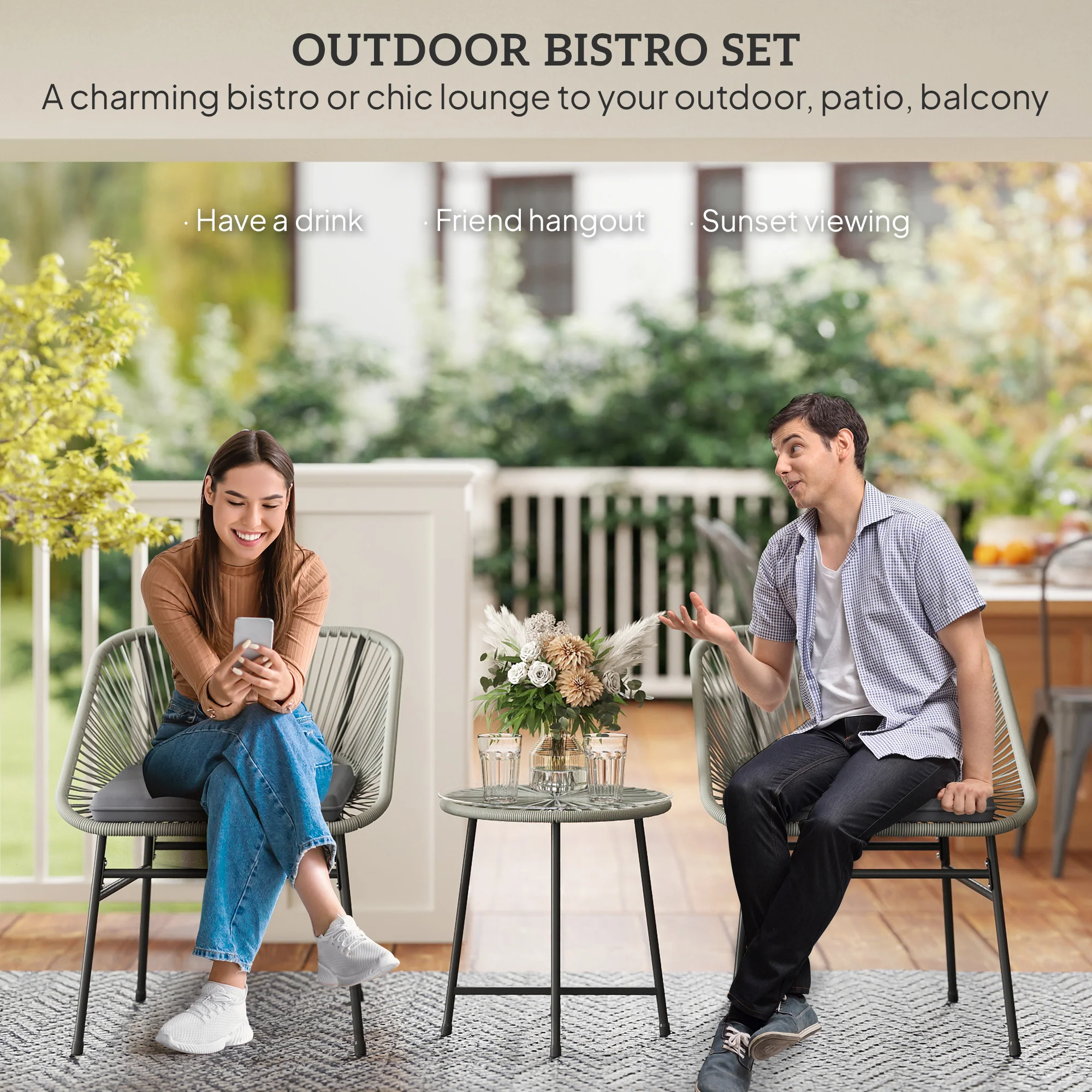 3 Pieces Garden Rattan Bistro Set with Chairs, Glass Top Table & Cushions, Light Grey - Image 6
