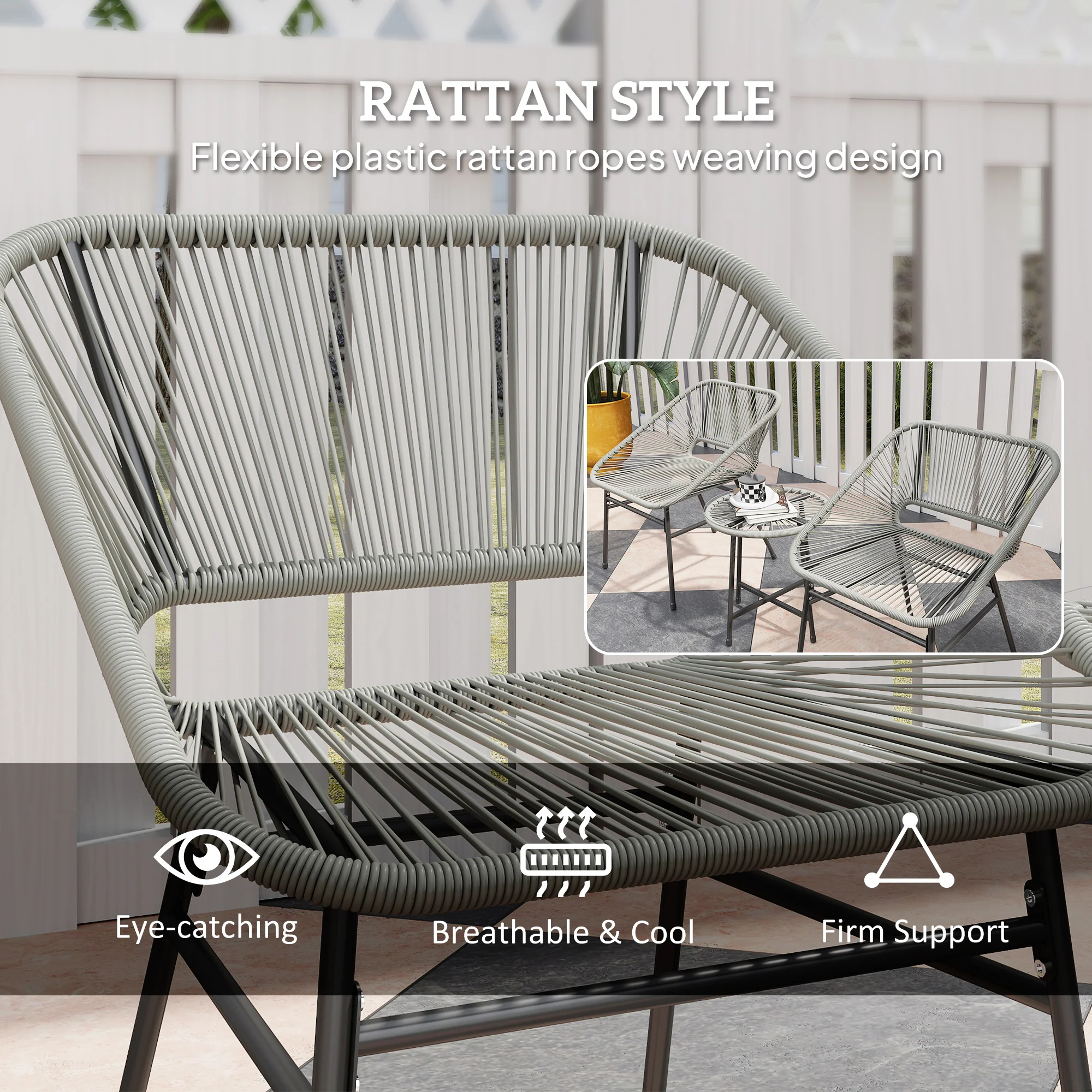 3 Pieces Garden Rattan Bistro Set with Chairs, Glass Top Table & Cushions, Light Grey - Image 7
