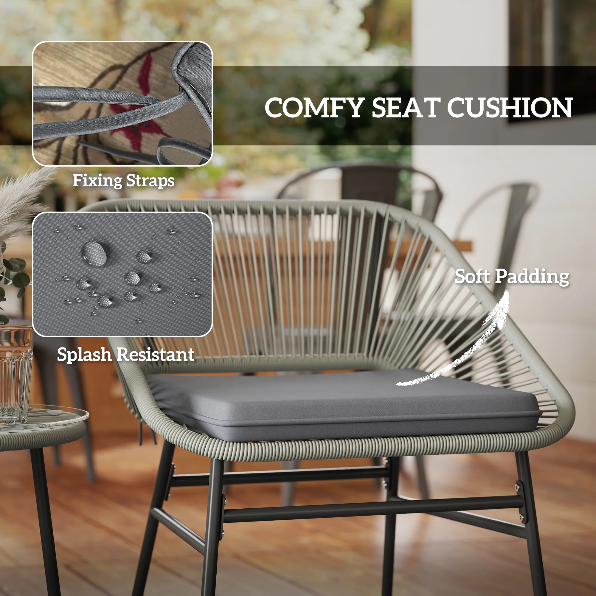 3 Pieces Garden Rattan Bistro Set with Chairs, Glass Top Table & Cushions, Light Grey - Image 8