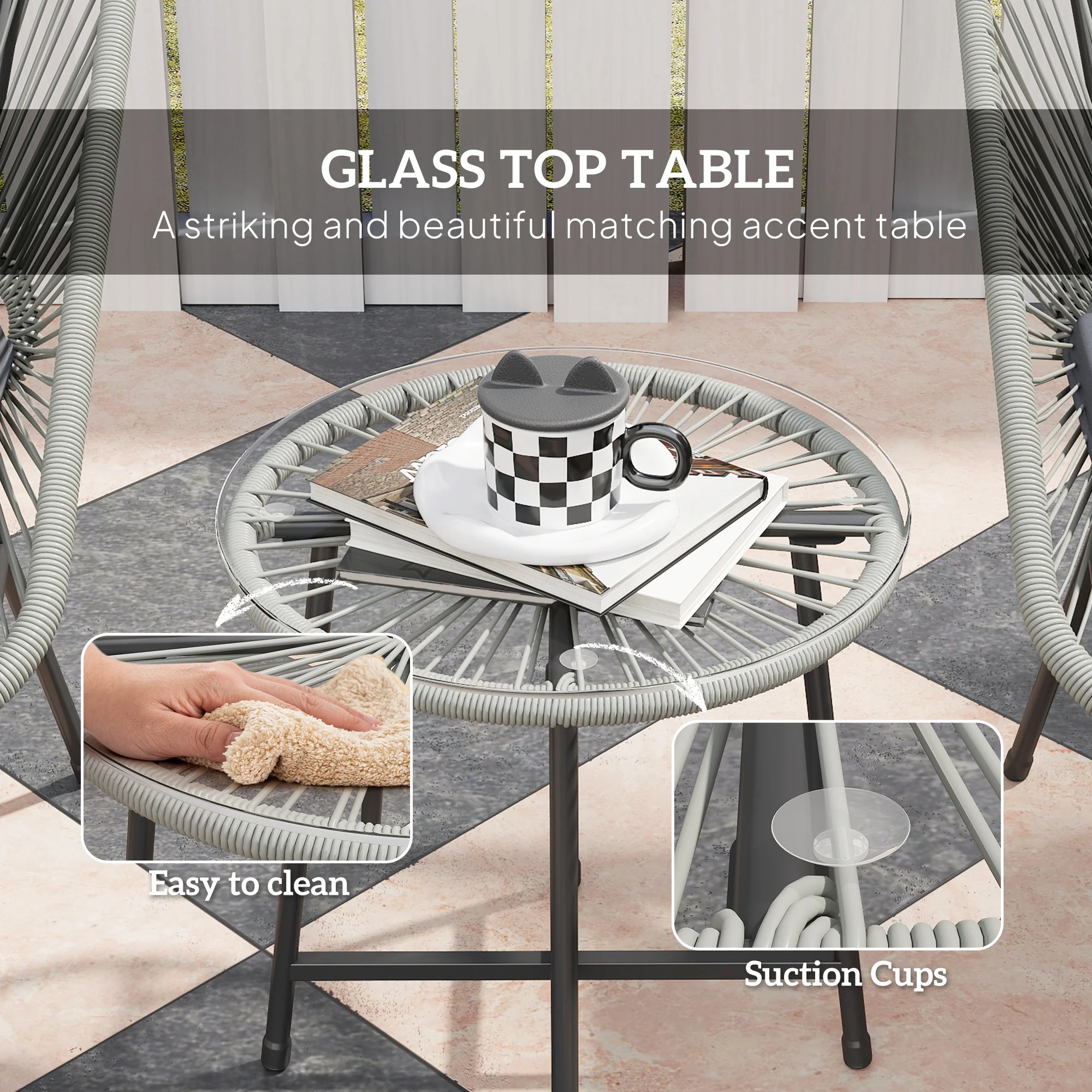 3 Pieces Garden Rattan Bistro Set with Chairs, Glass Top Table & Cushions, Light Grey - Image 9