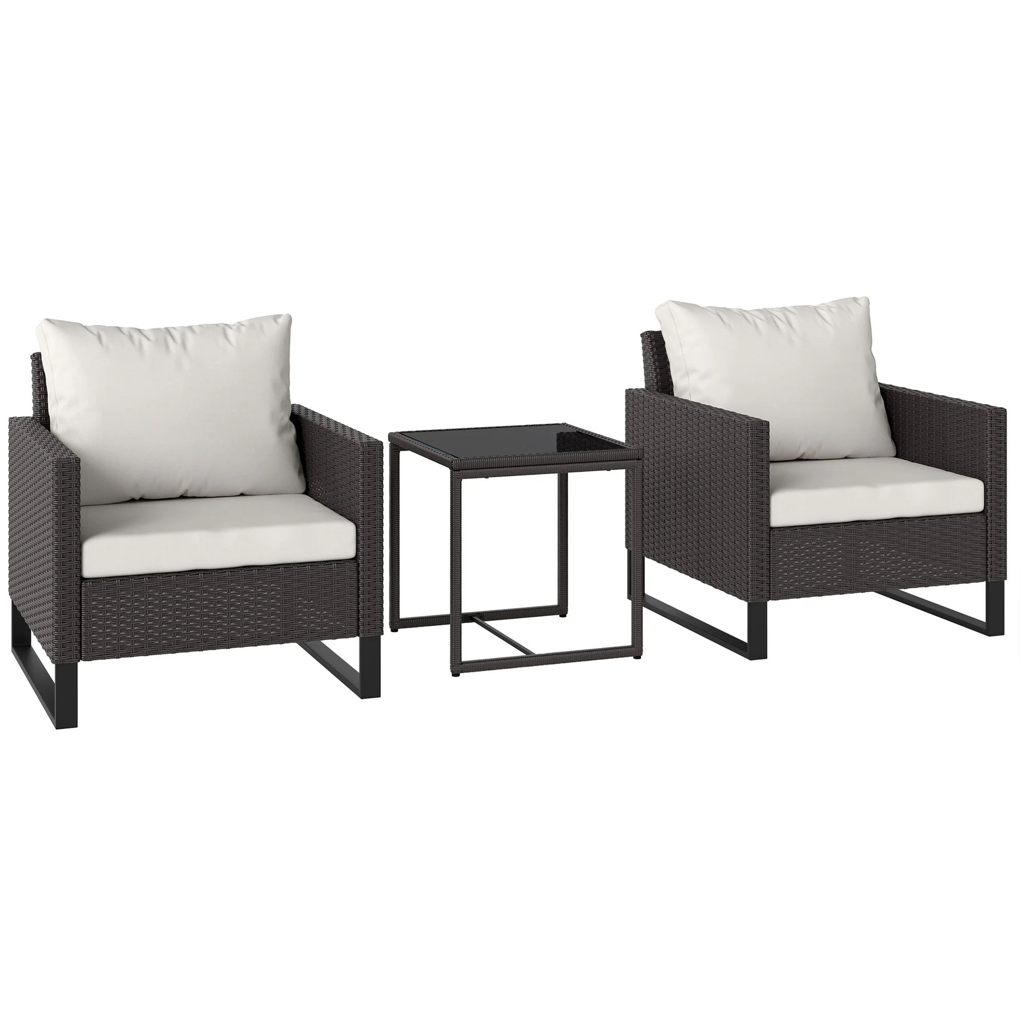 3 Pieces Rattan Bistro Set with Glass Top Coffee Table & Chairs for Patio, Terrace, Brown - Image 2