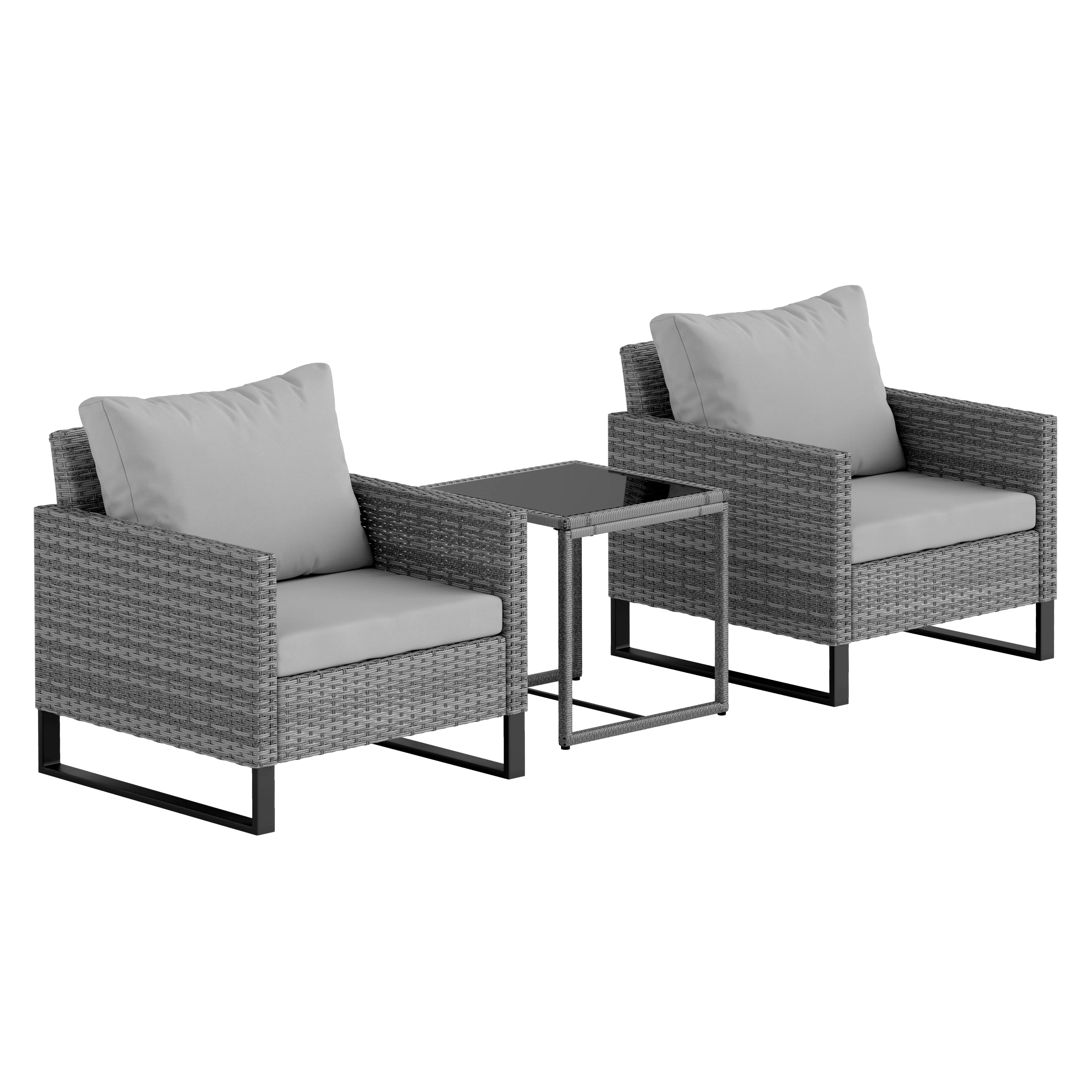 3 Pieces Rattan Bistro Set with Glass Top Coffee Table & Chairs for Patio, Terrace, Grey