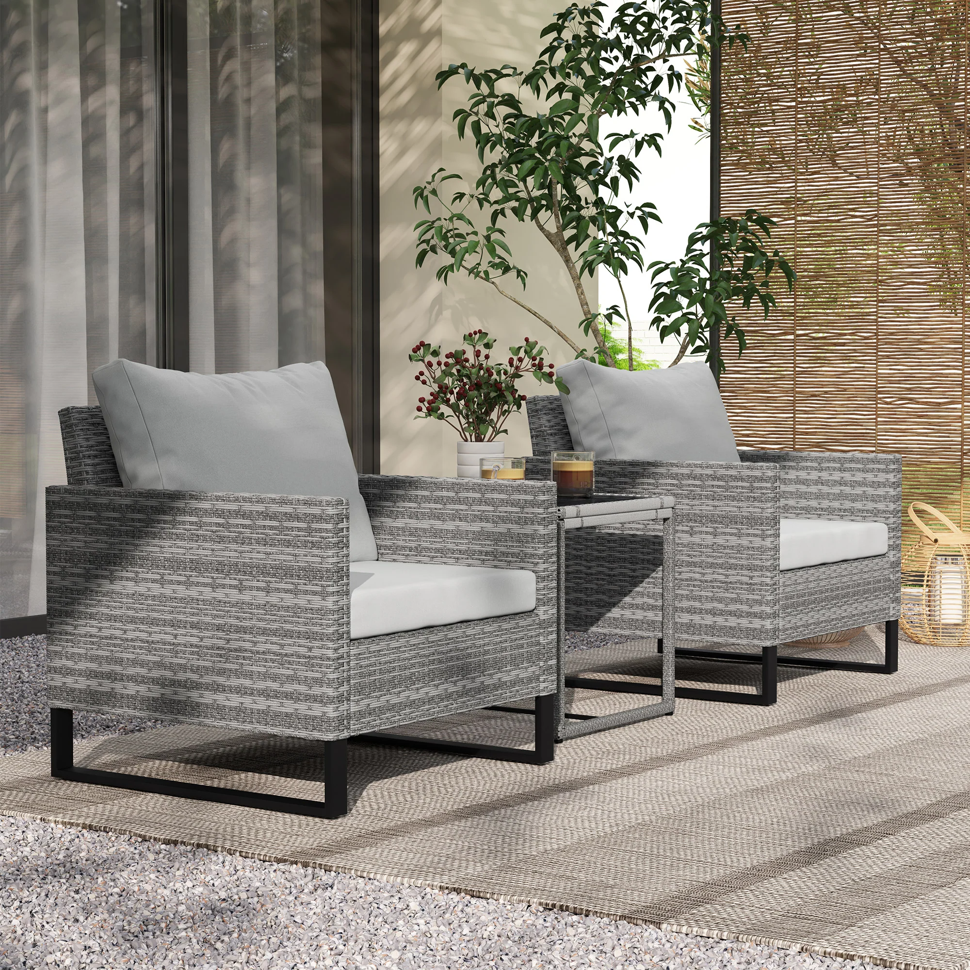 3 Pieces Rattan Bistro Set with Glass Top Coffee Table & Chairs for Patio, Terrace, Grey - Image 3