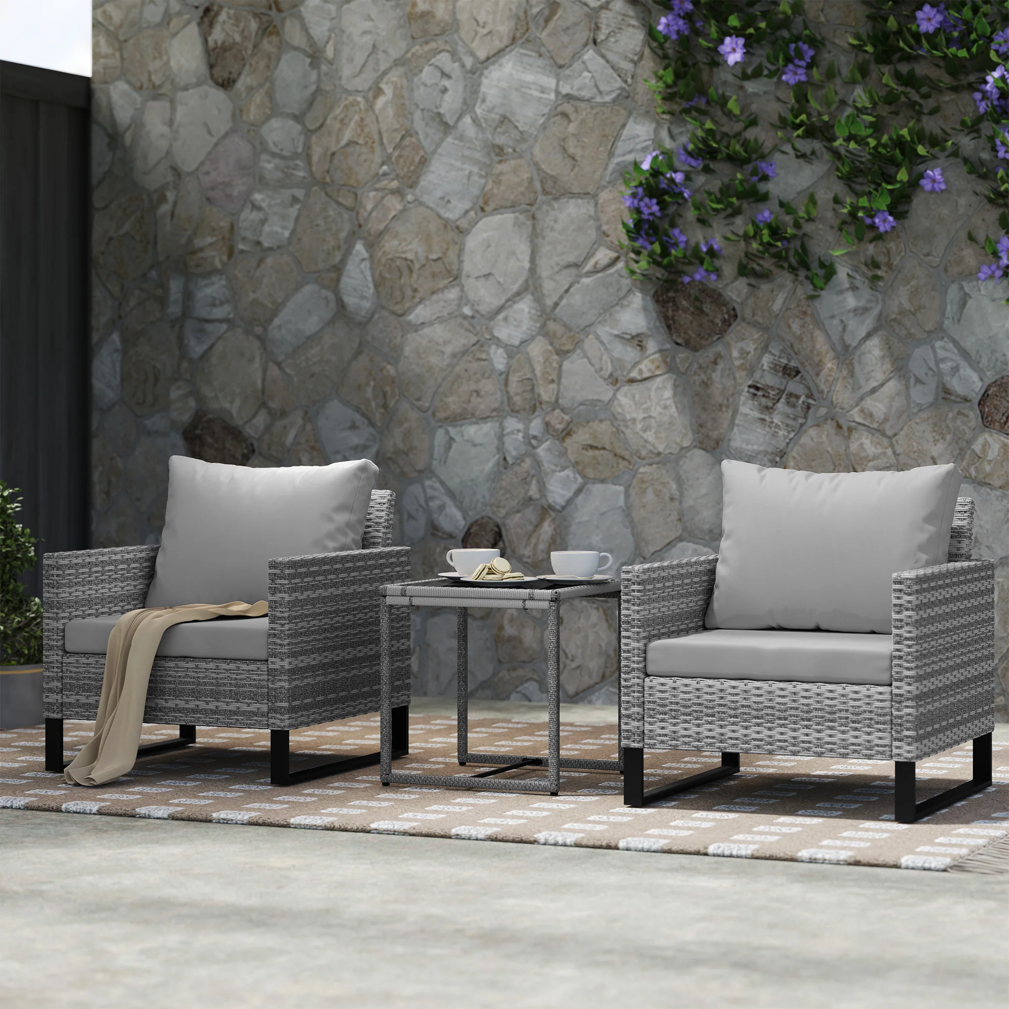3 Pieces Rattan Bistro Set with Glass Top Coffee Table & Chairs for Patio, Terrace, Grey - Image 4