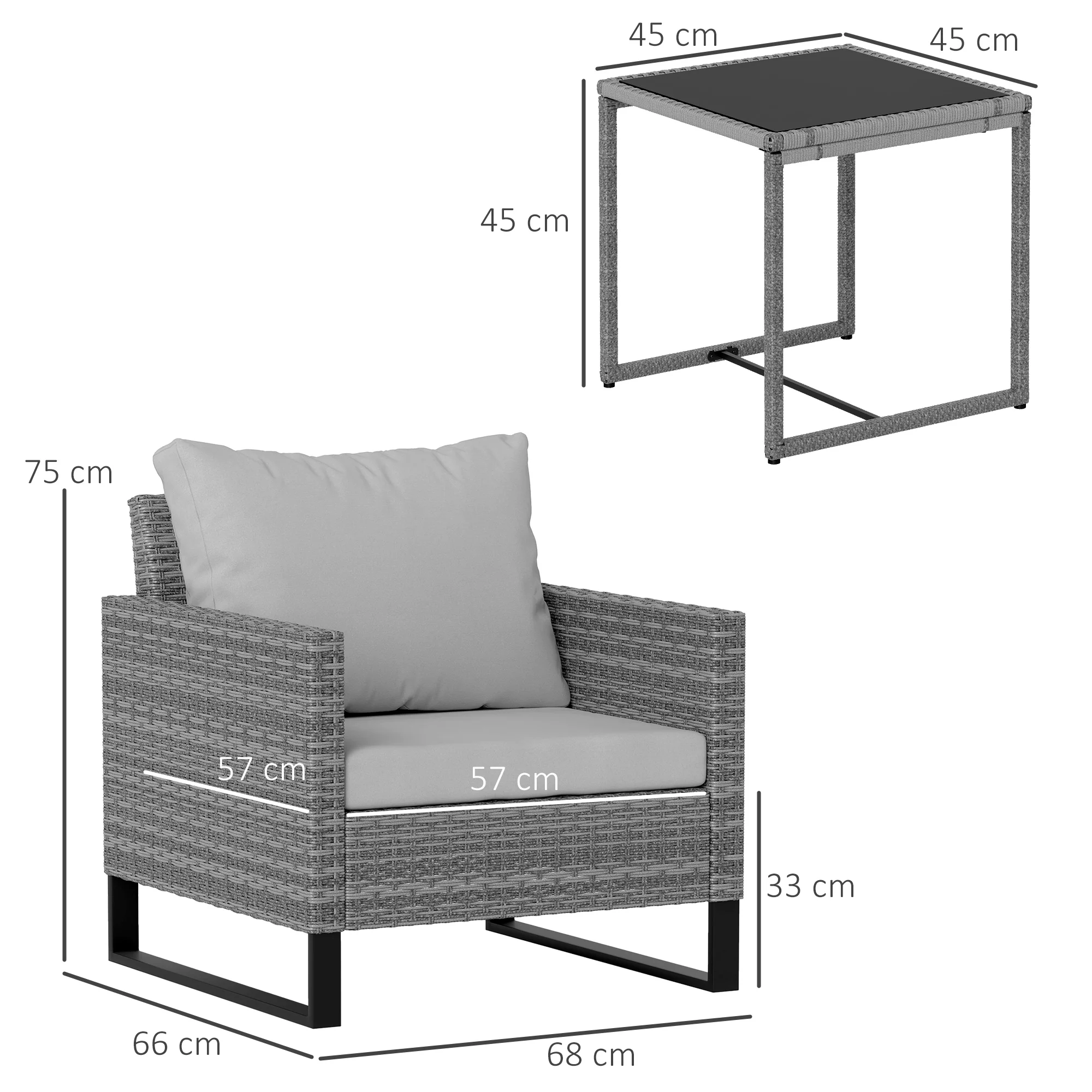 3 Pieces Rattan Bistro Set with Glass Top Coffee Table & Chairs for Patio, Terrace, Grey - Image 5